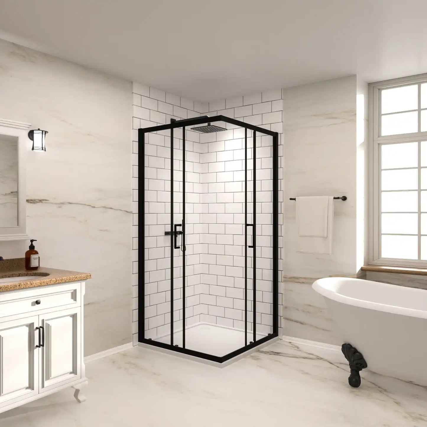 36" x 72" Corner Shower Enclosure - Black Double Sliding Glass Shower Door