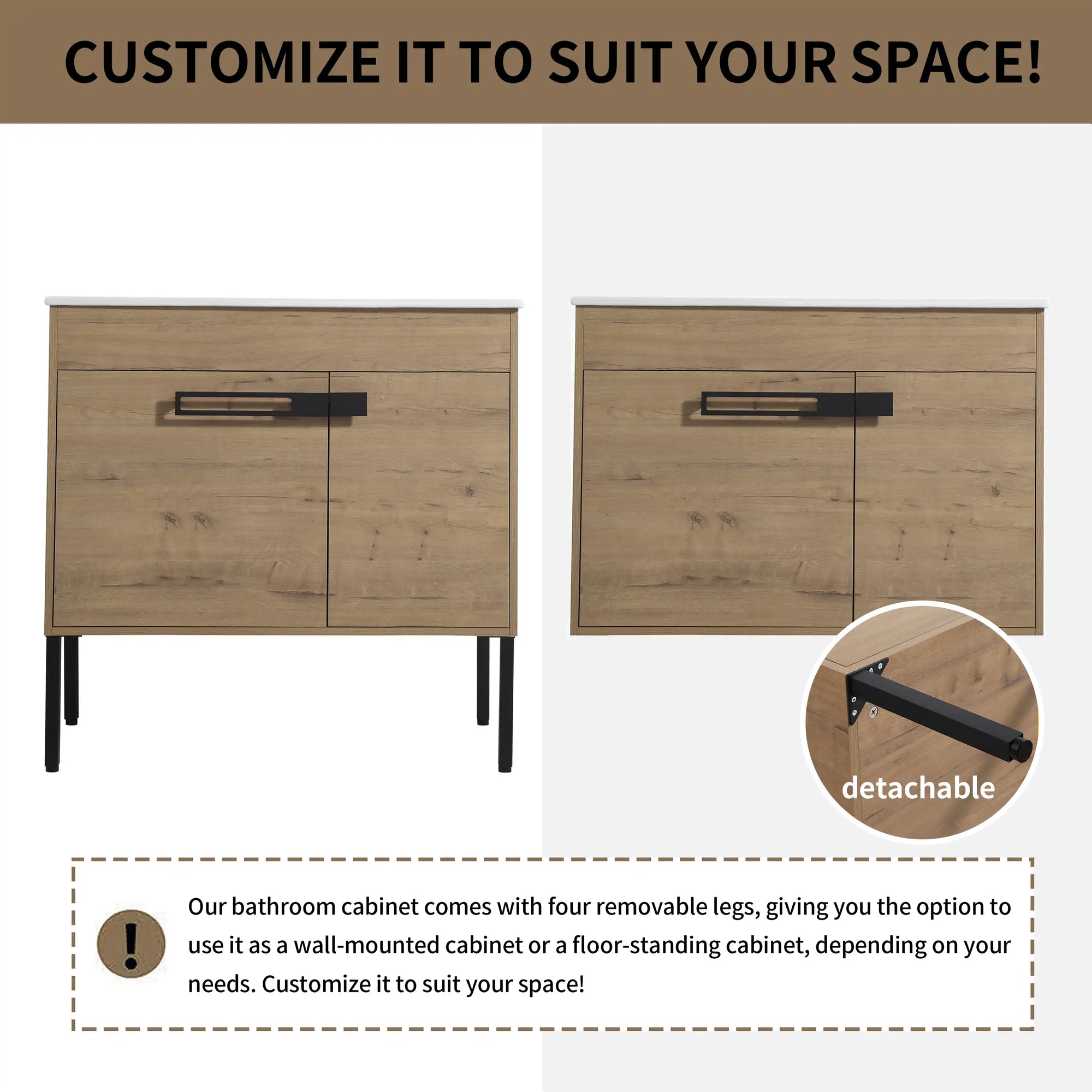 36" freestanding 36 inch bathroom vanity with removable legs for freestanding or wall-mounted installation options | Ace Decor