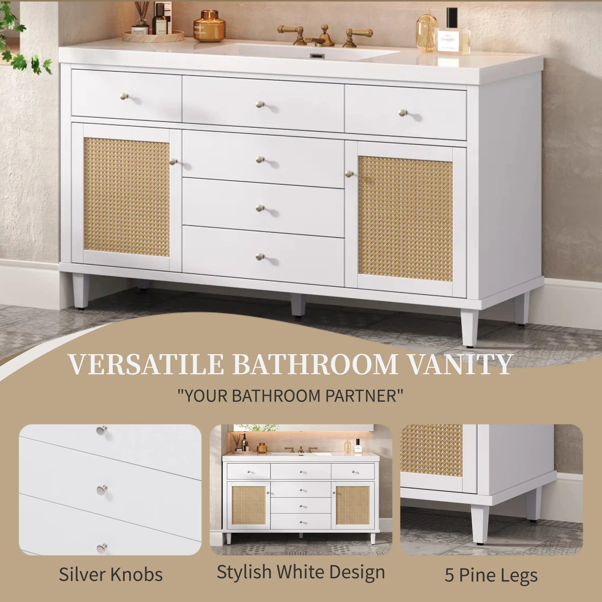 Soleil 60&quot; Bathroom Vanity with Sink, Elegant White Cabinet with Drawers