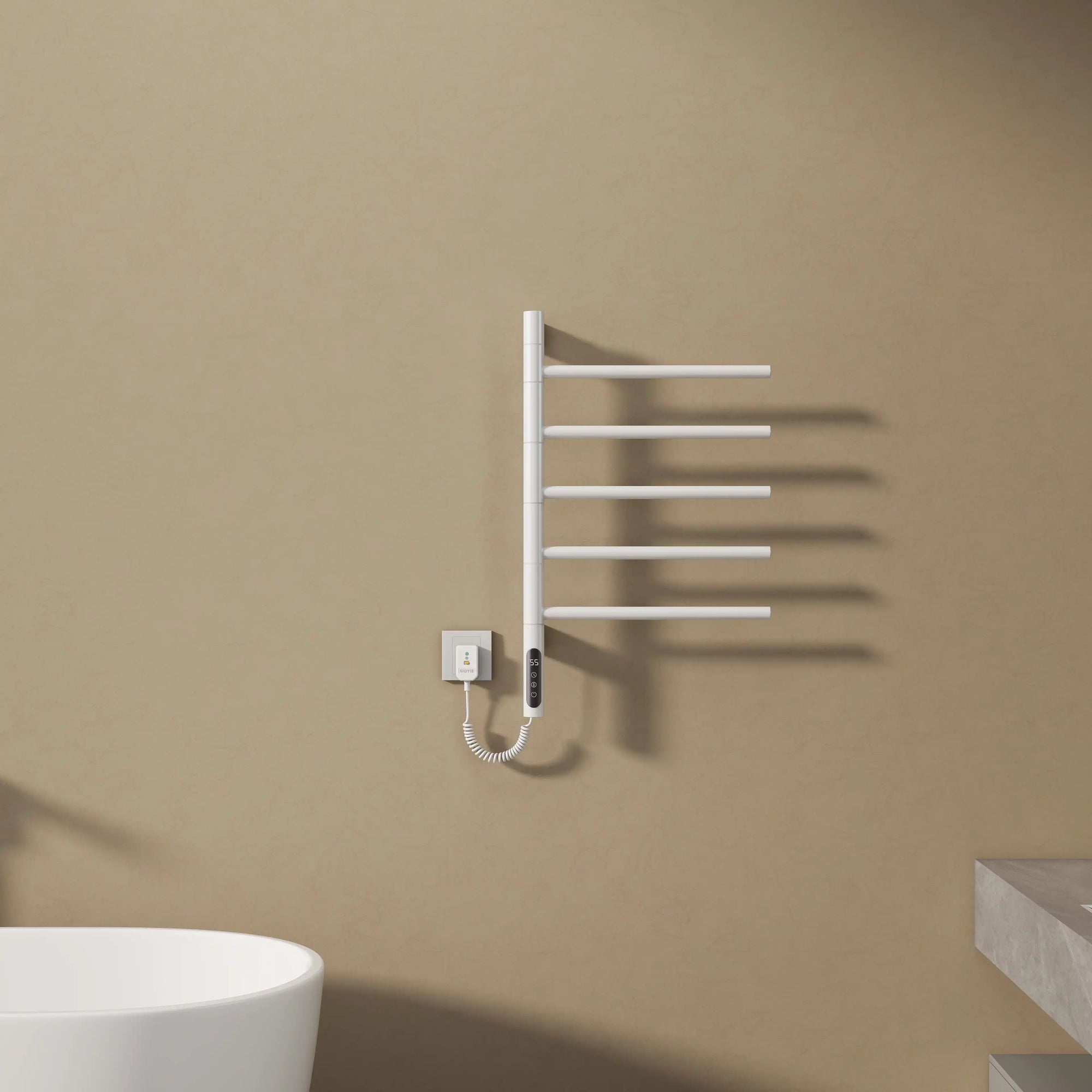 White Orven Series towel rack heater 16 x 27 mounted on bathroom wall with modern minimalist design | Ace Decor