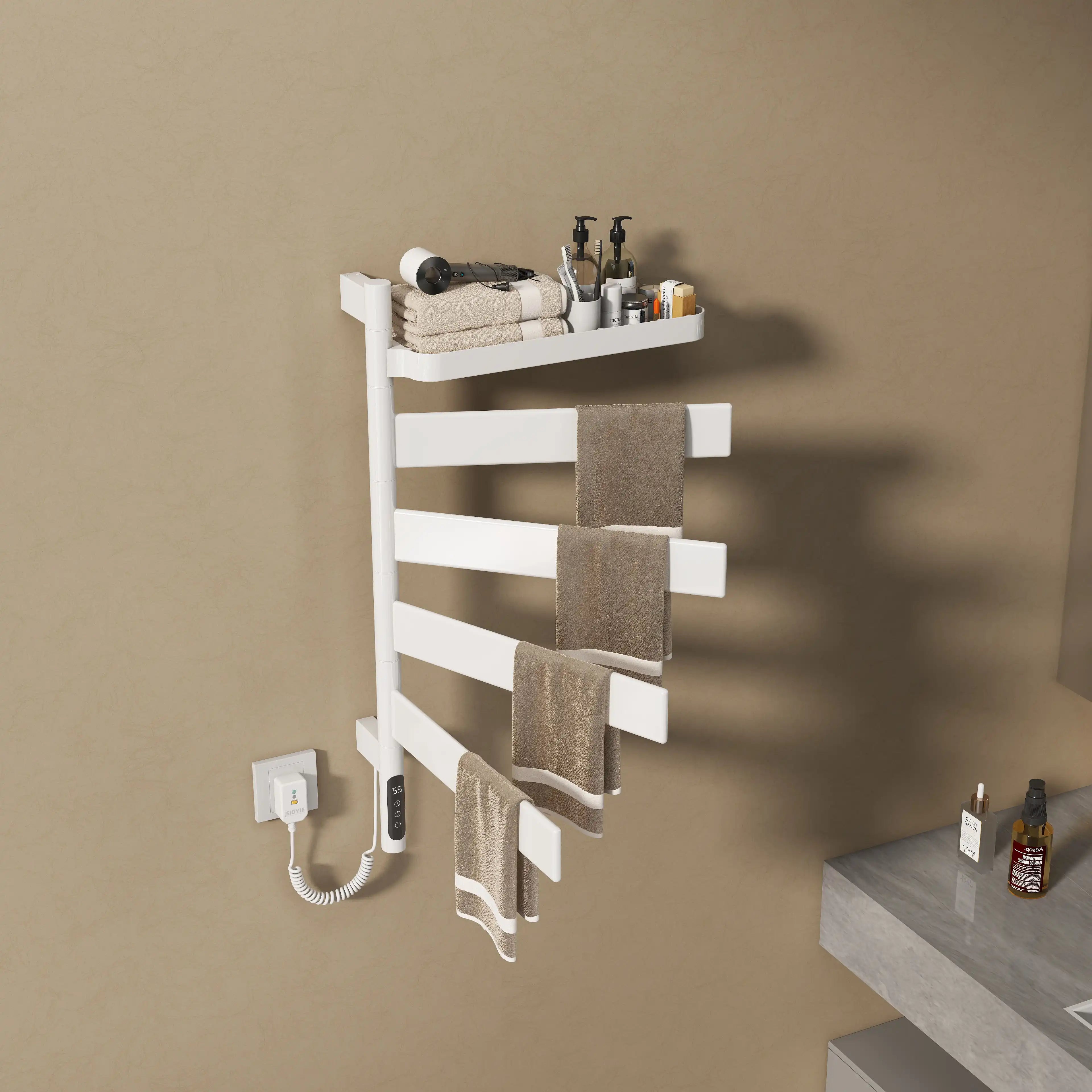 Heated towel rack with towels and storage shelf 18 x 30.