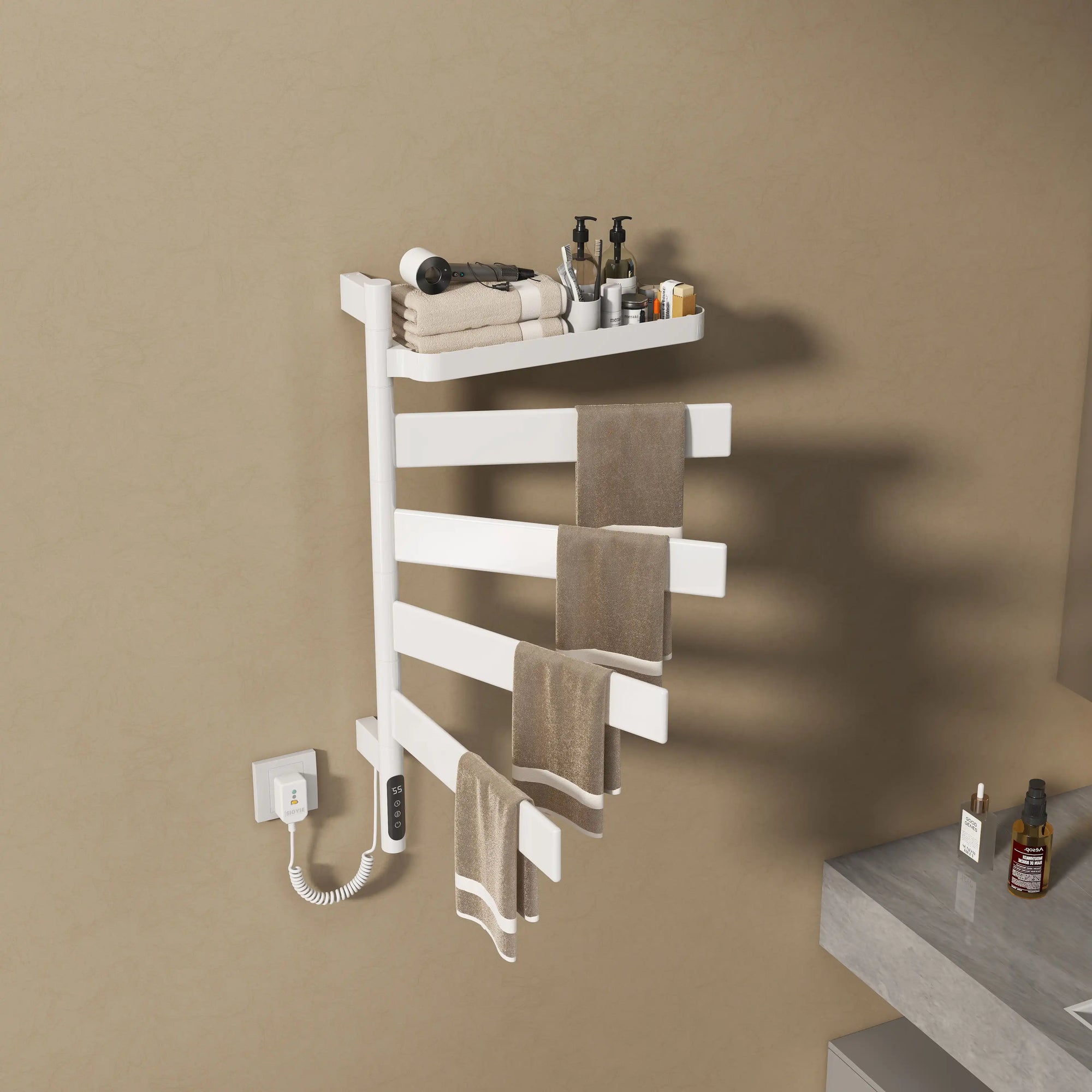 heated towel rack with towels and storage shelf 18 x 30 | Ace Decor