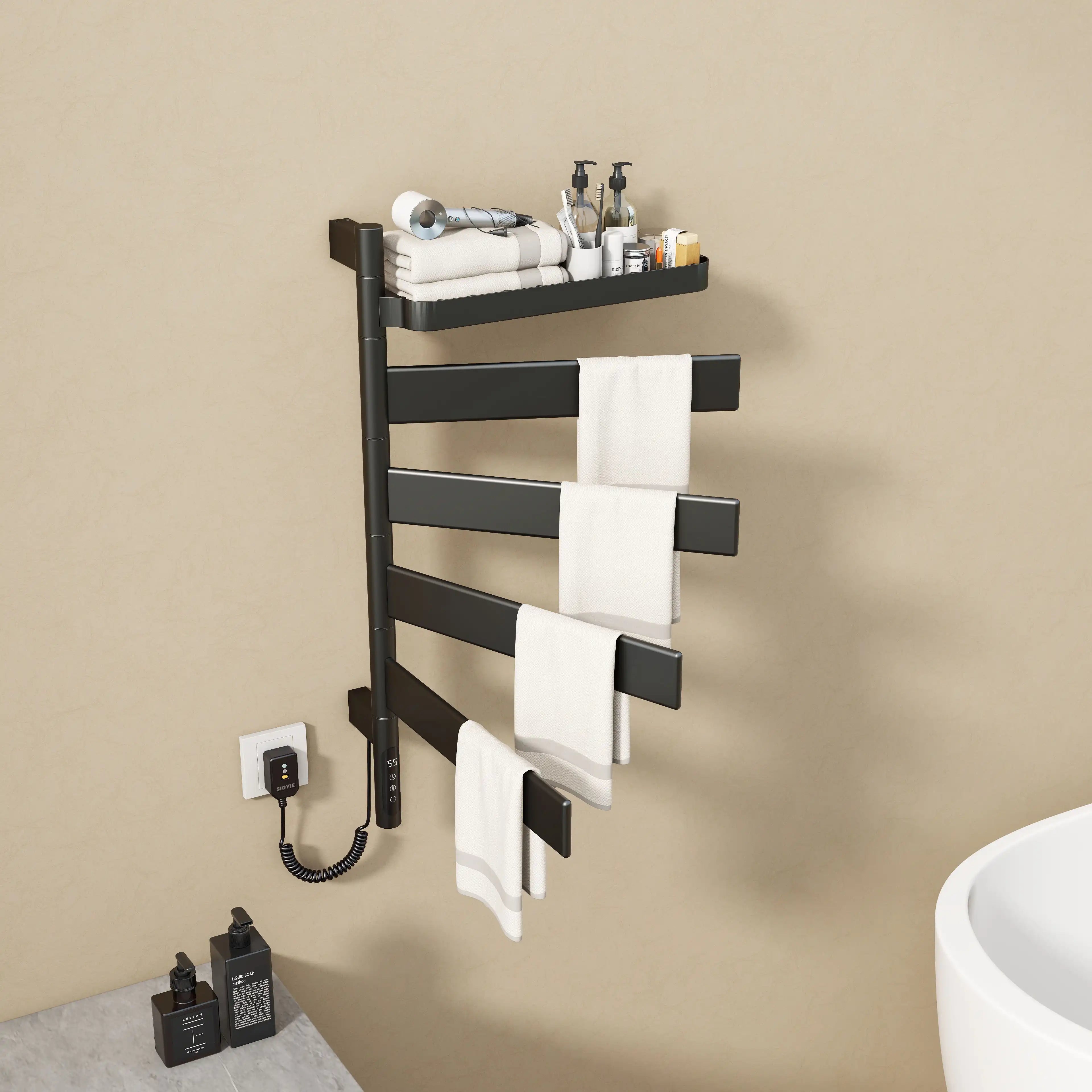 Black heated towel rack 18 x 30 with rotating bars and towels.
