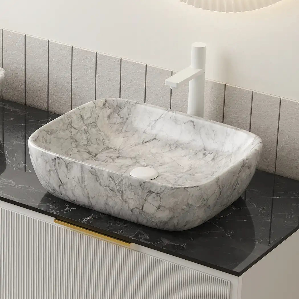 19 inch modern marble-look sink for bathroom in contemporary vanity setup | Ace Decor