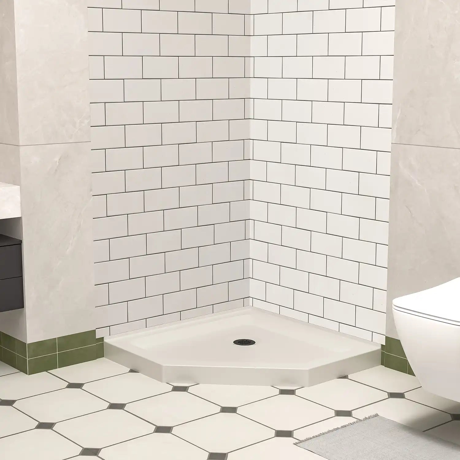 Corner Drain Neo-Angle Shower Base for Tile color:White