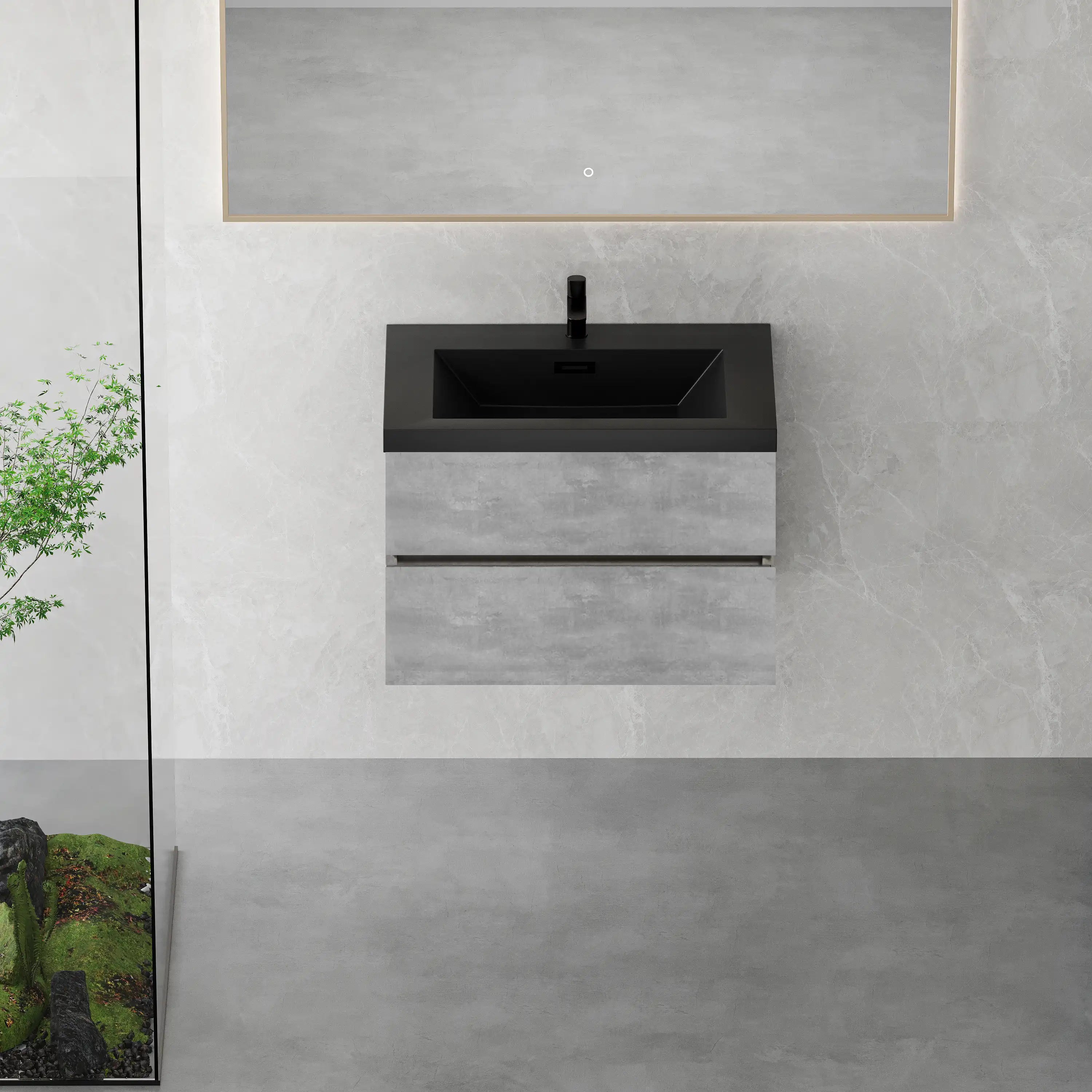 23''-47'' Floating Dark Grey Corner Vanity with Matte Black Sink - 2 Soft Close Drawers