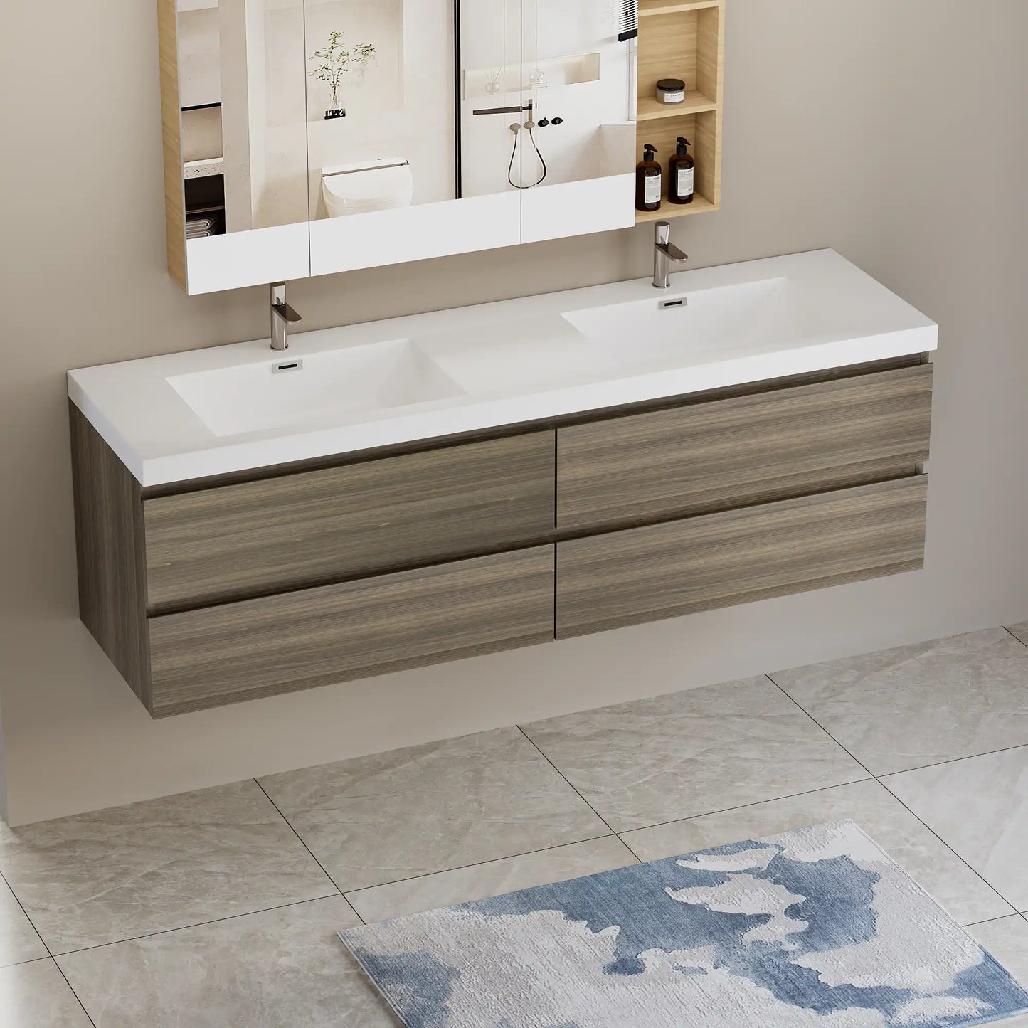 Sleek Floating Bathroom Vanity with Dual Resin Basins & Soft Close Drawers color: Ash Grey