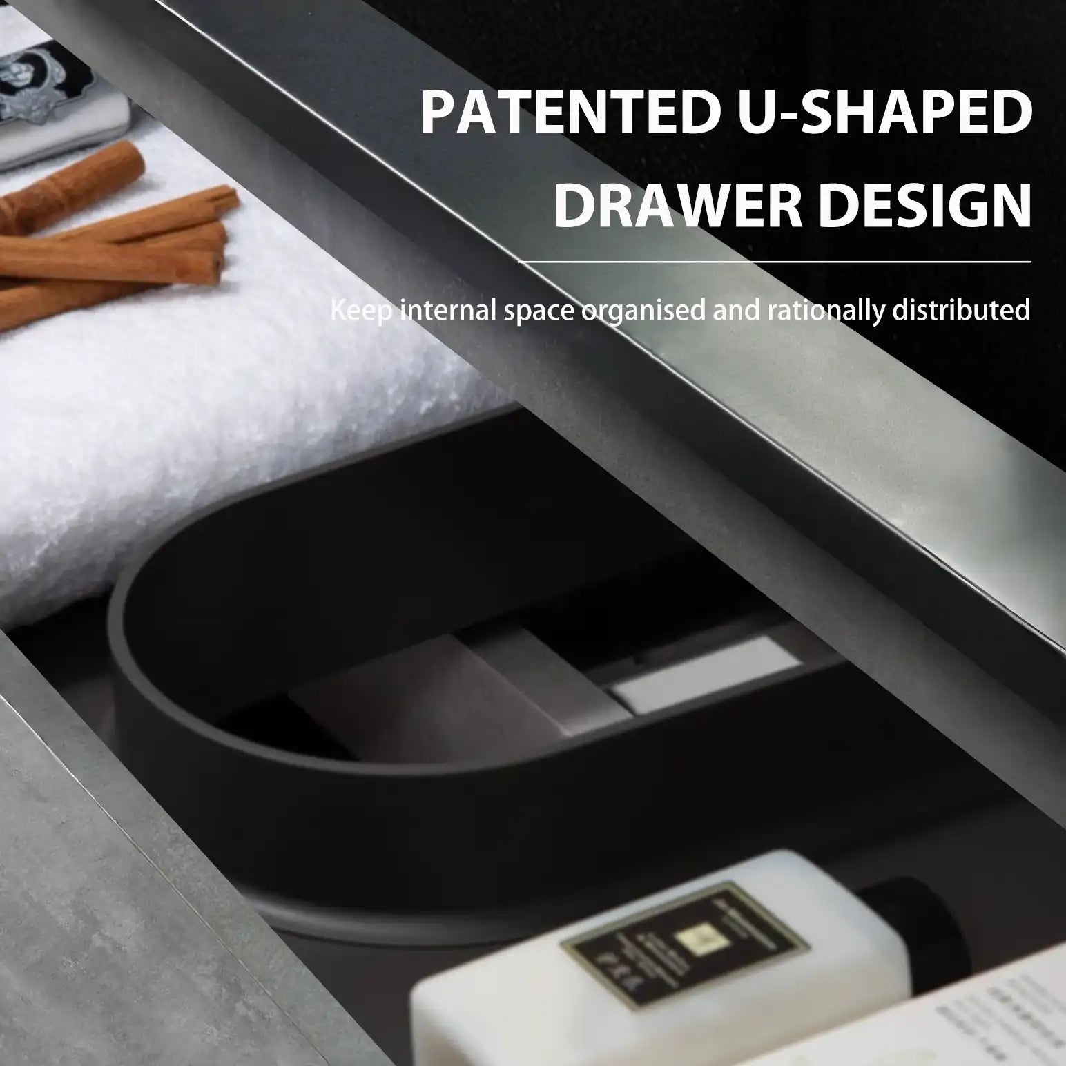 Close-up of patented U-shaped vanity drawer with organized bathroom storage