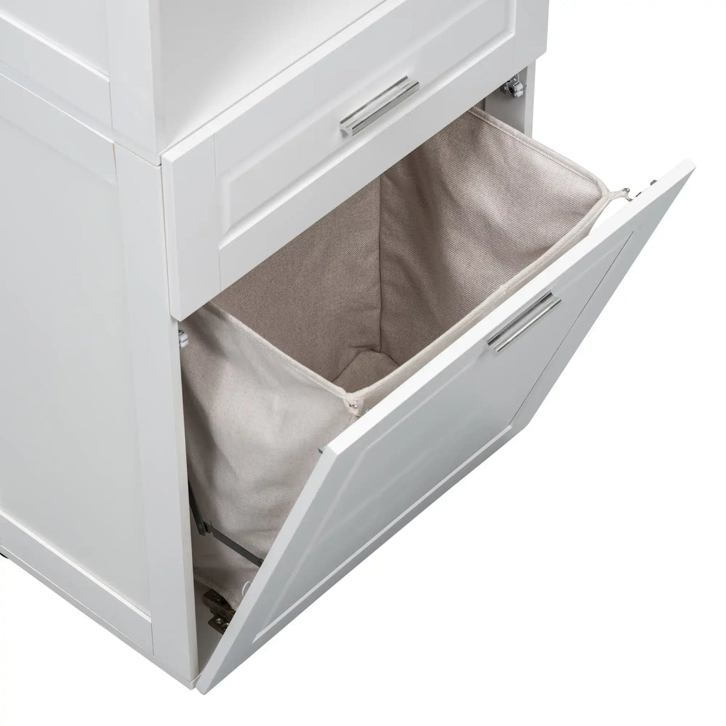 Close-up of tilt-out laundry basket on tall white bathroom linen cabinet, designed for convenient clothes storage.