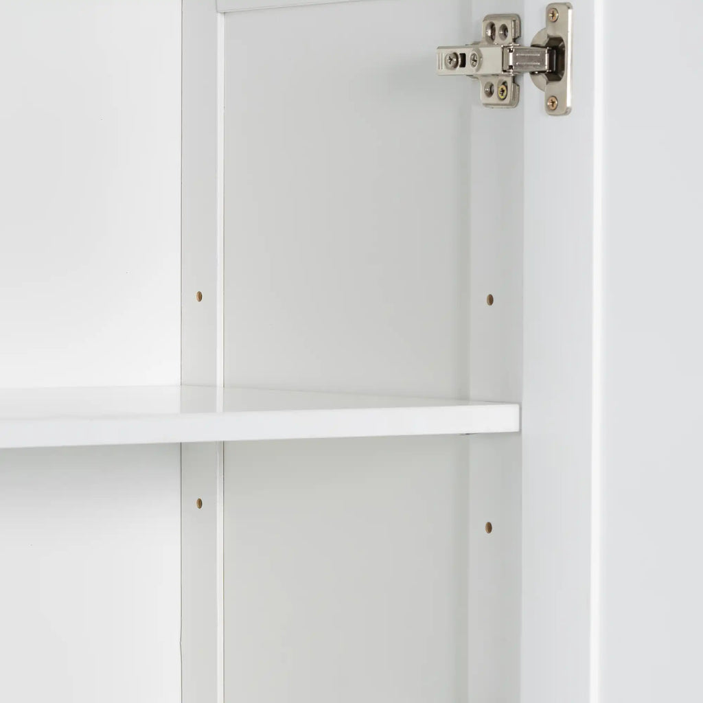 Interior adjustable shelf feature inside white bathroom linen cabinet, allowing customized storage height.