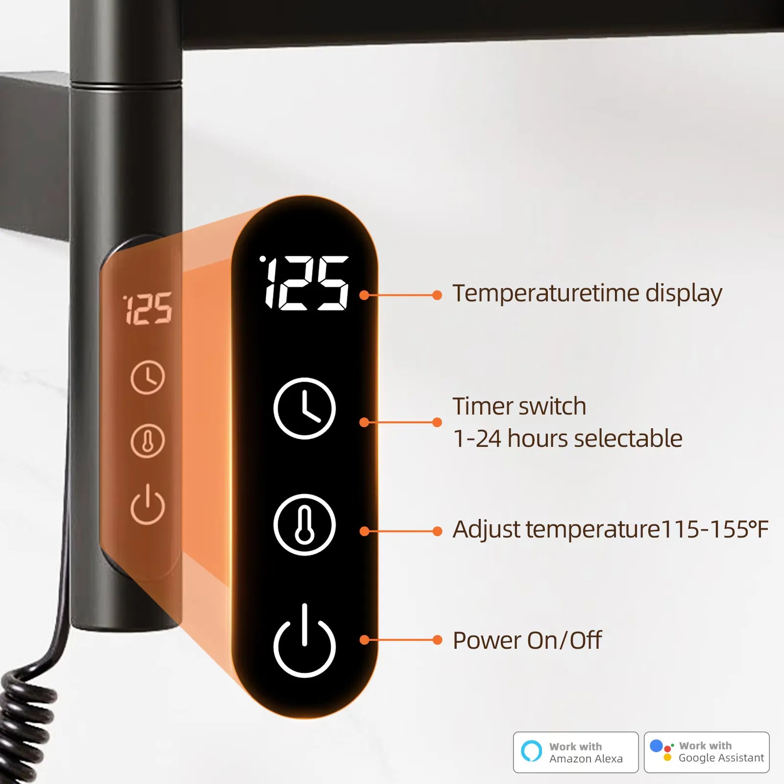Close-up of LED touchscreen showing temperature and timer controls on Velin black electric towel warmer for bathroom.