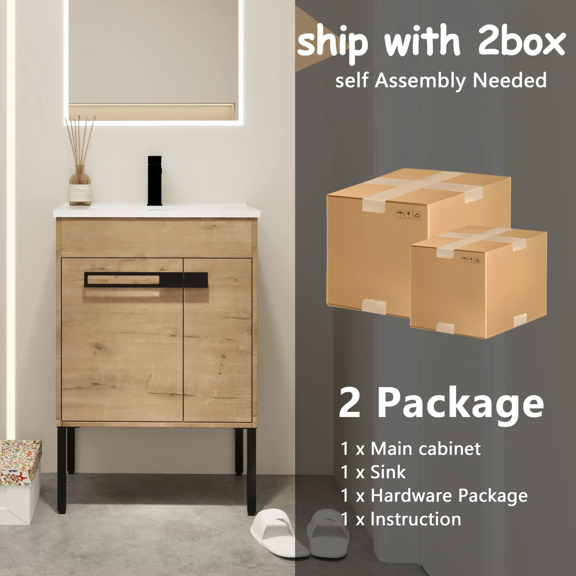 24" freestanding bathroom vanity with sink shipped in two packages with cabinet, sink, and hardware included | Ace Decor
