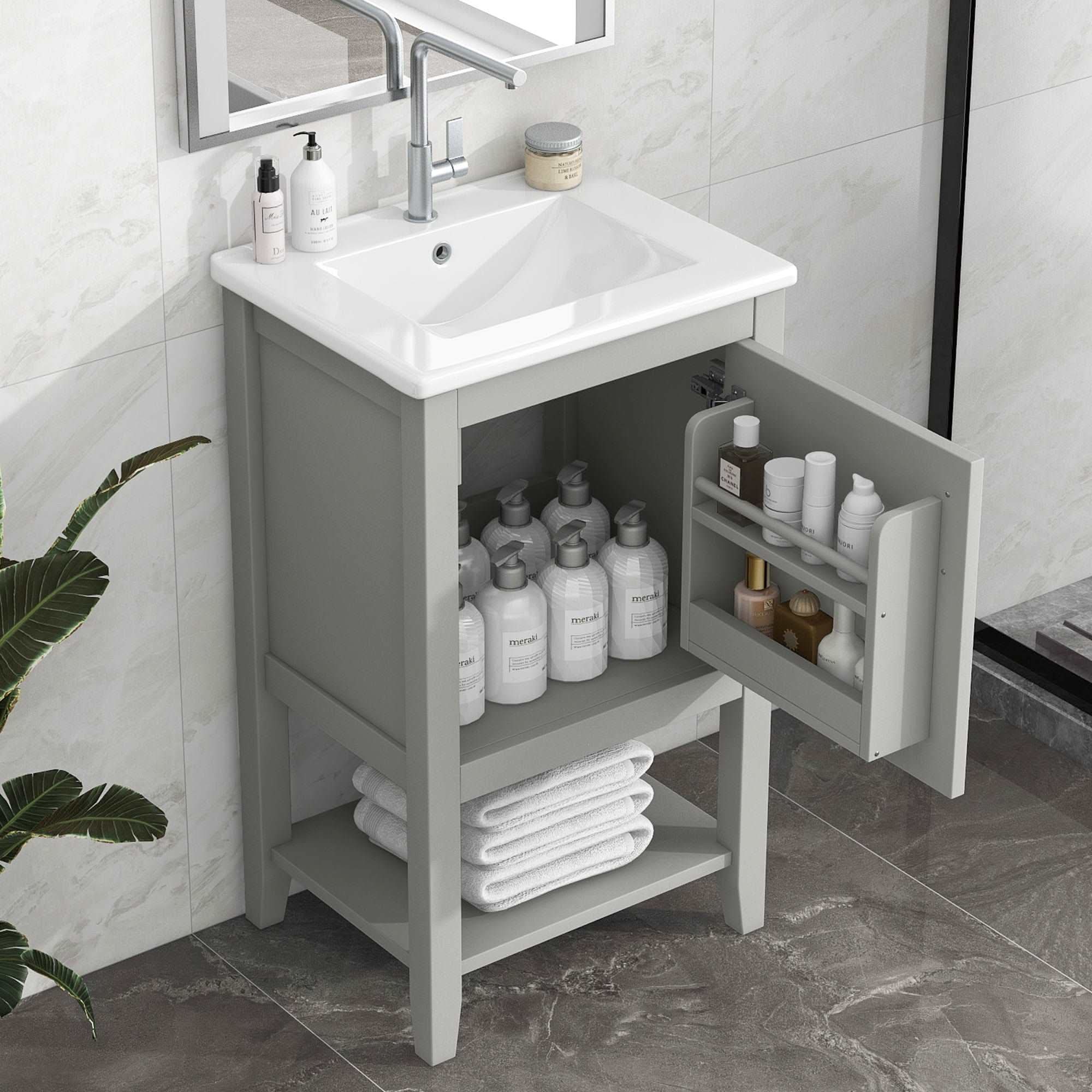 bathroom vanity cabinet open shelf color:grey