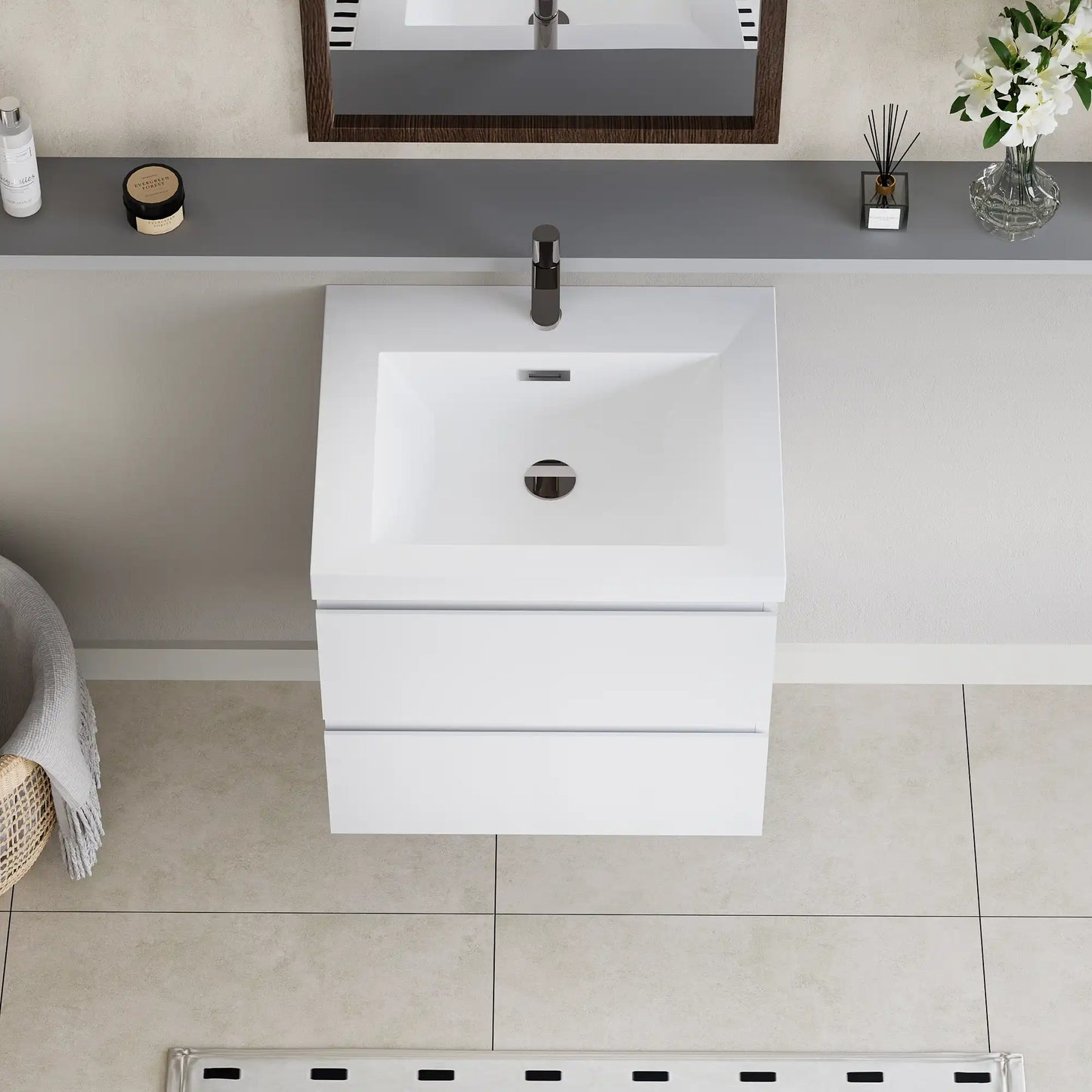 Floating Bathroom Vanity with Resin Top Basin & Soft Close Drawers - Modern Wall-Mounted Storage Cabinet color:White