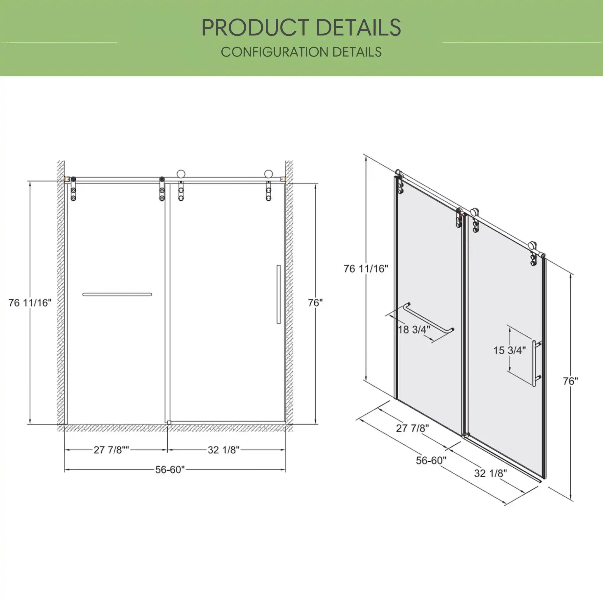 Technical drawing of sliding glass shower door 60 x 76 with detailed measurements and configuration | Ace Decor