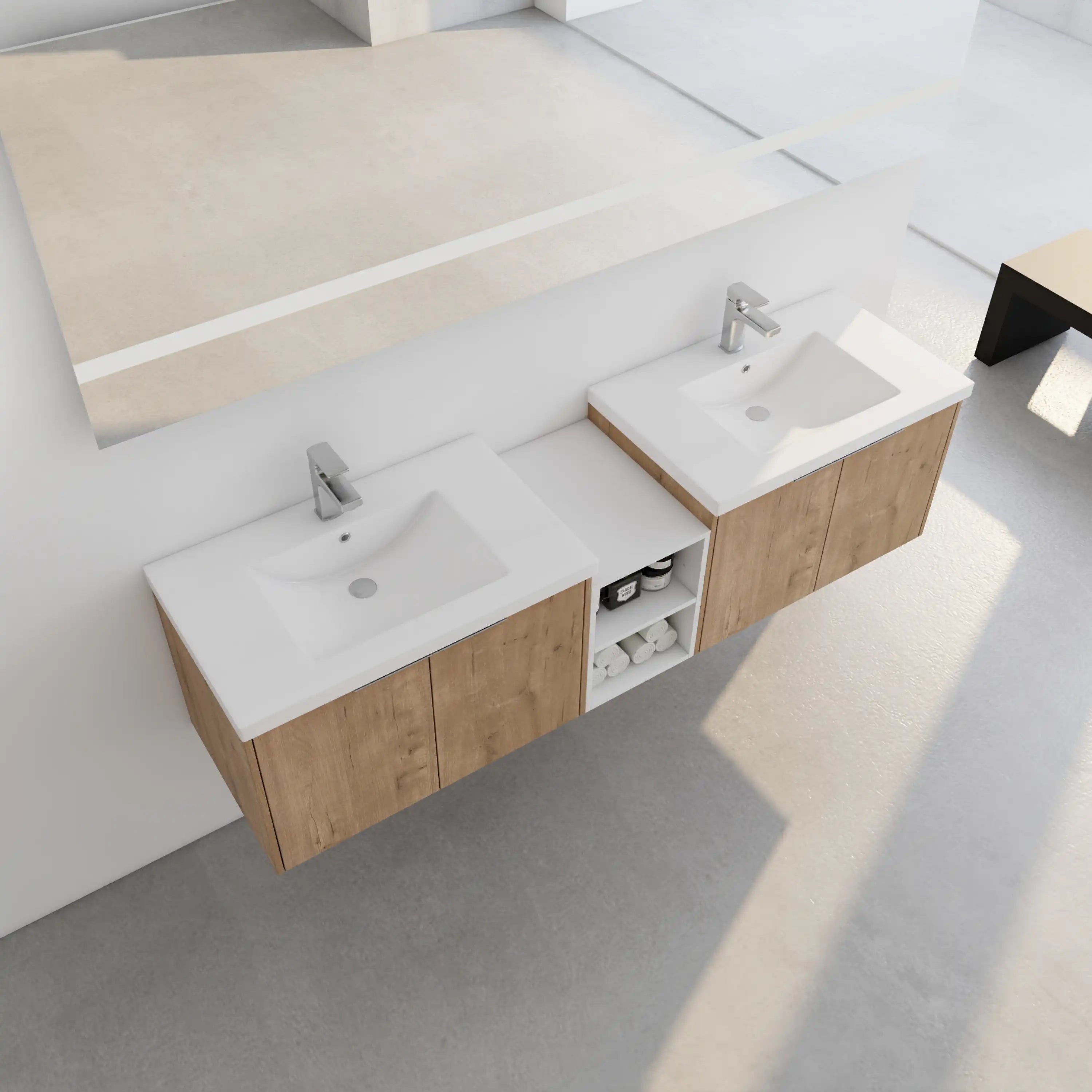 Top angled view of the Monterey 72 inch bathroom vanity showing smooth double resin sinks.