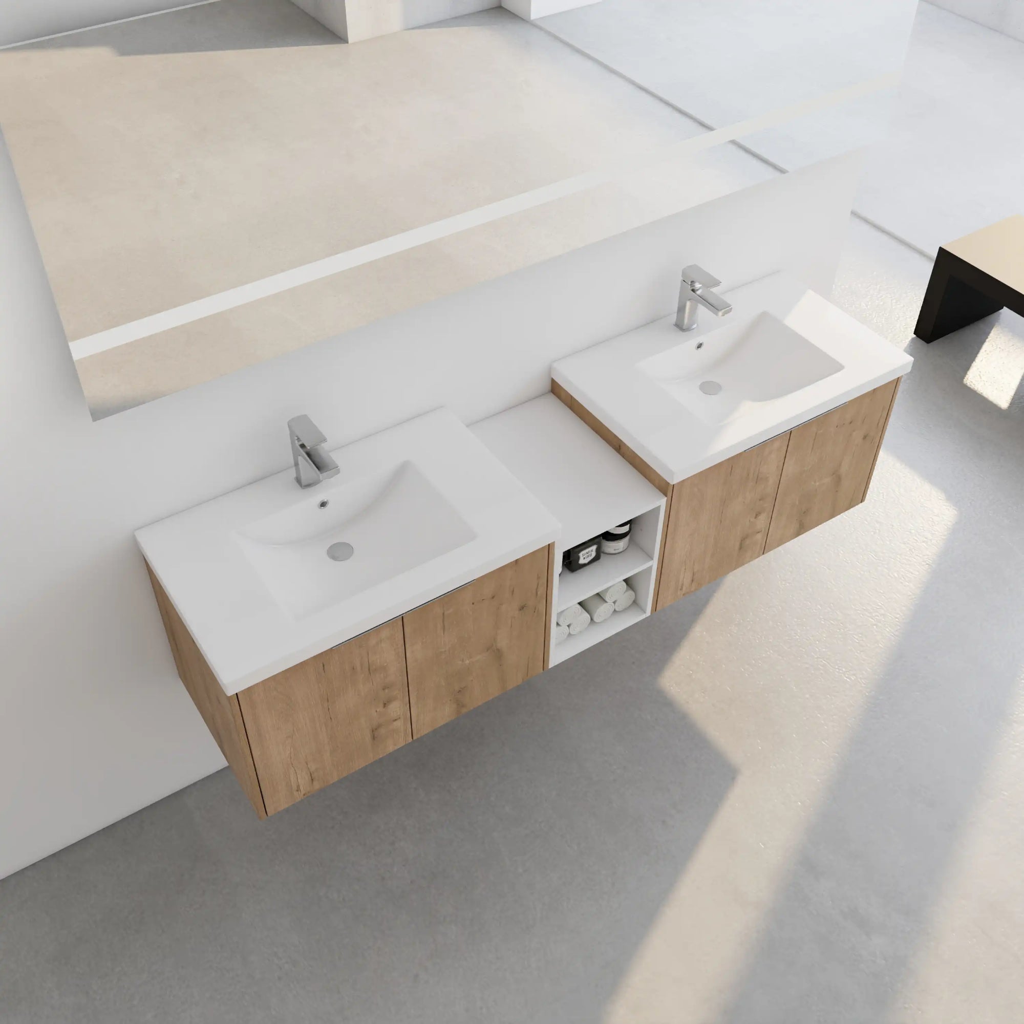 Monterey Series 72" Double Floating Bathroom Vanity in Imitative Oak with Side Cabinet and Integrated Sink