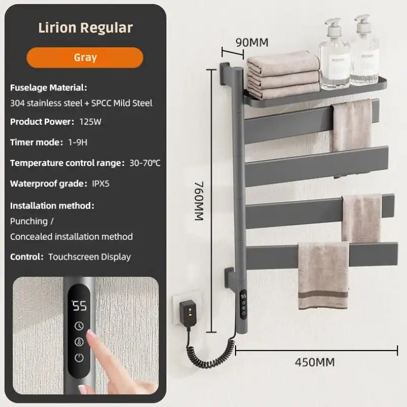 Lirion Series 18&quot; x 30&quot; Heated Towel Rack with Foldable Shelf - Gray