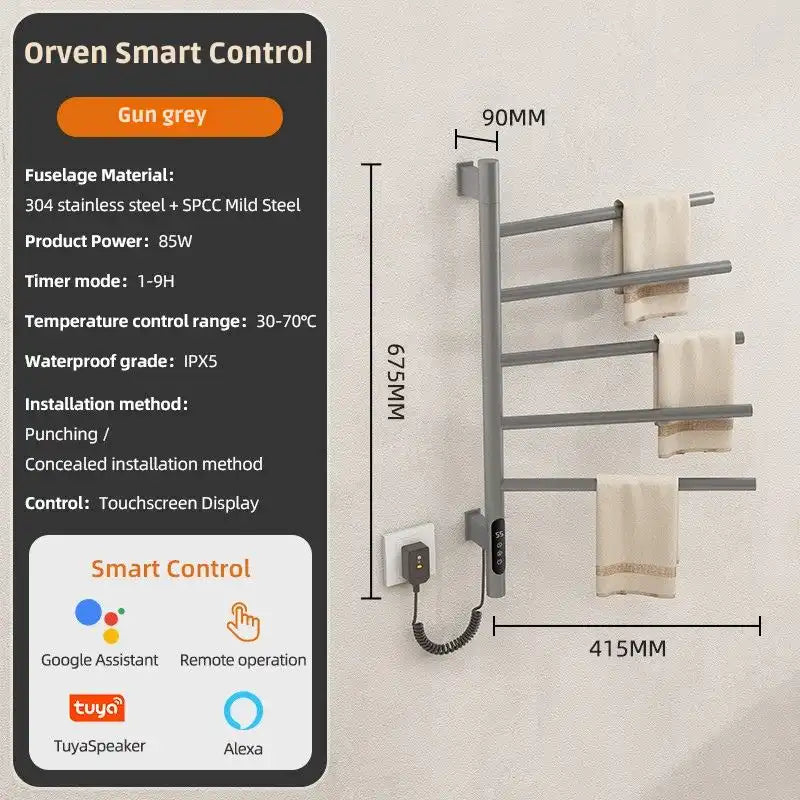 Orven Smart Control gunmetal gray towel heater rack with touchscreen display and smart app control | Ace Decor