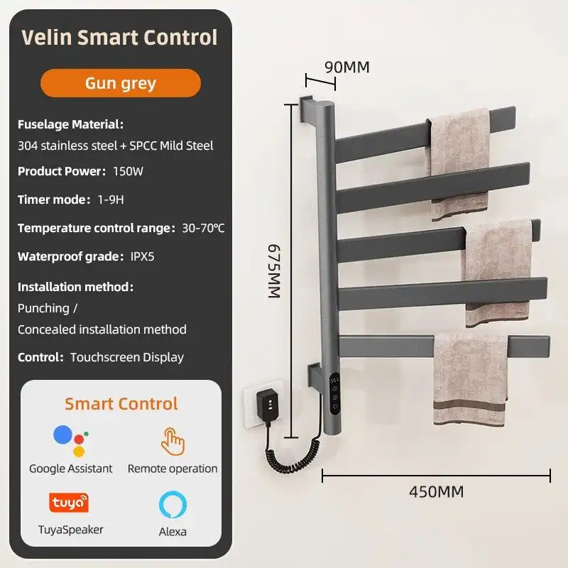 Velin Smart Control gunmetal gray electric towel warmer for bathroom with WiFi and IPX5 waterproof rating | Ace Decor