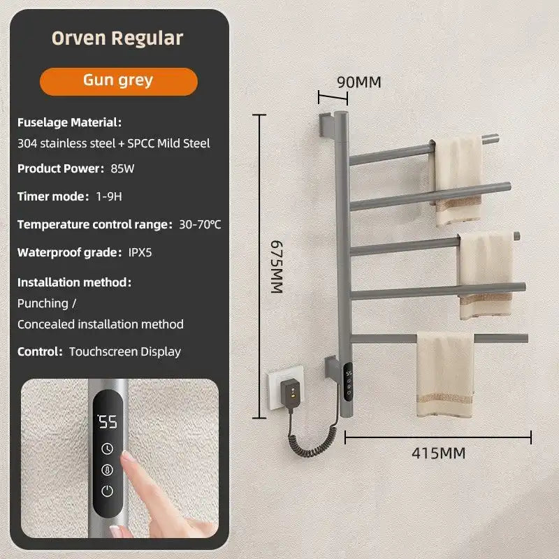 Orven regular gunmetal gray towel heater rack with touchscreen display and smart app control | Ace Decor