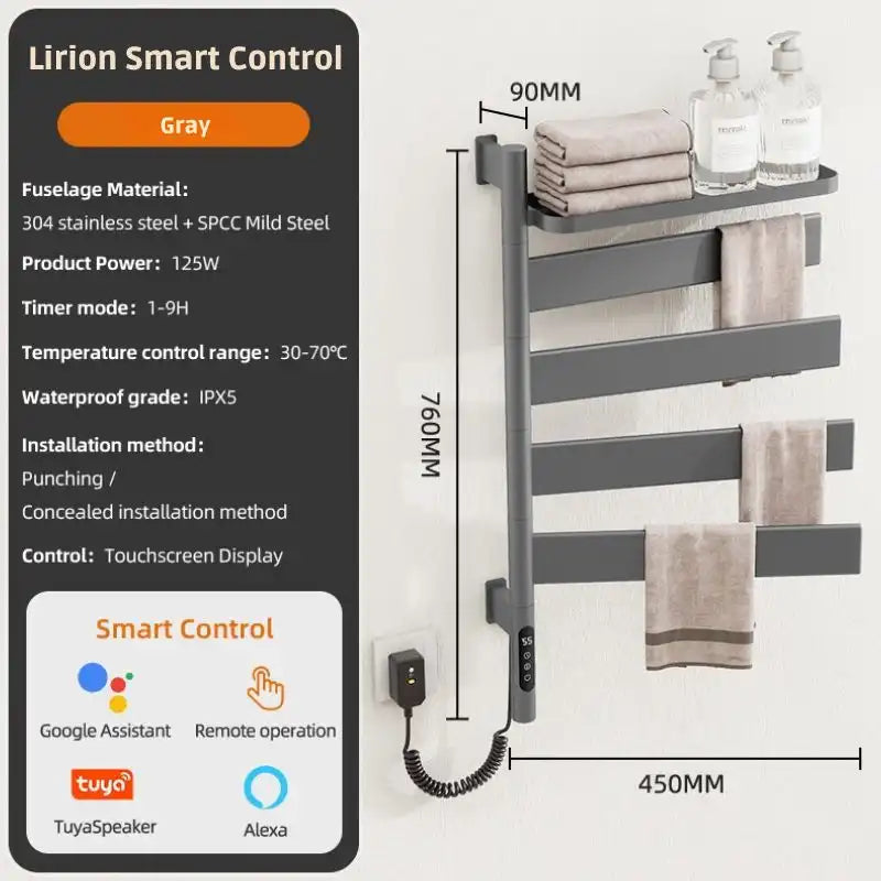 Lirion Series 18&quot; x 30&quot; Heated Towel Rack with Foldable Shelf - Gray