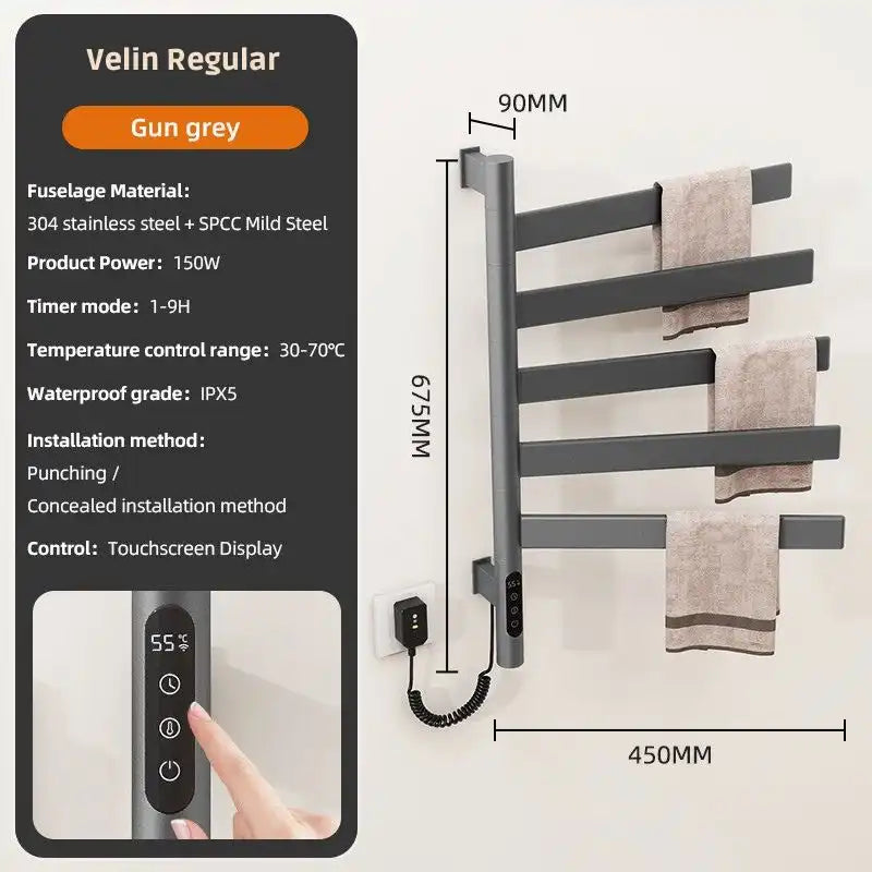 Velin Regular gunmetal gray electric towel warmer for bathroom with touchscreen control and waterproof design | Ace Decor