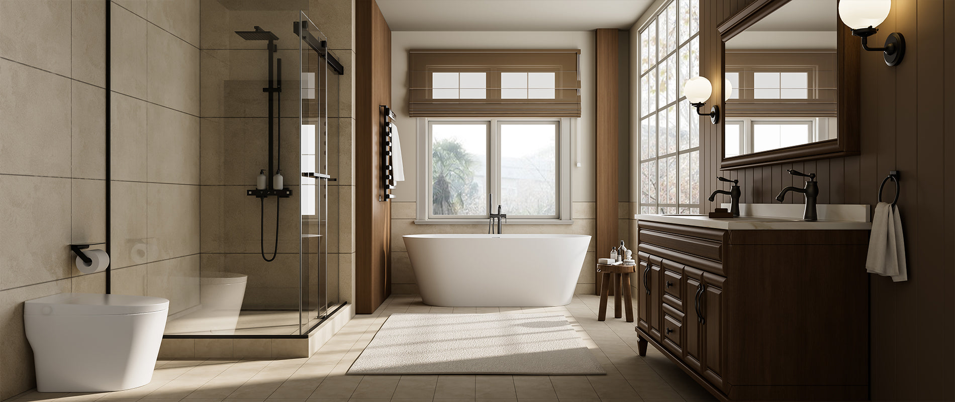 Modern bathroom with glass shower enclosure, freestanding bathtub, dark wood vanity, and warm natural light.