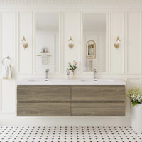 TerraLine 72" dark oak wall-mounted double sink bathroom vanity in modern white bathroom.
