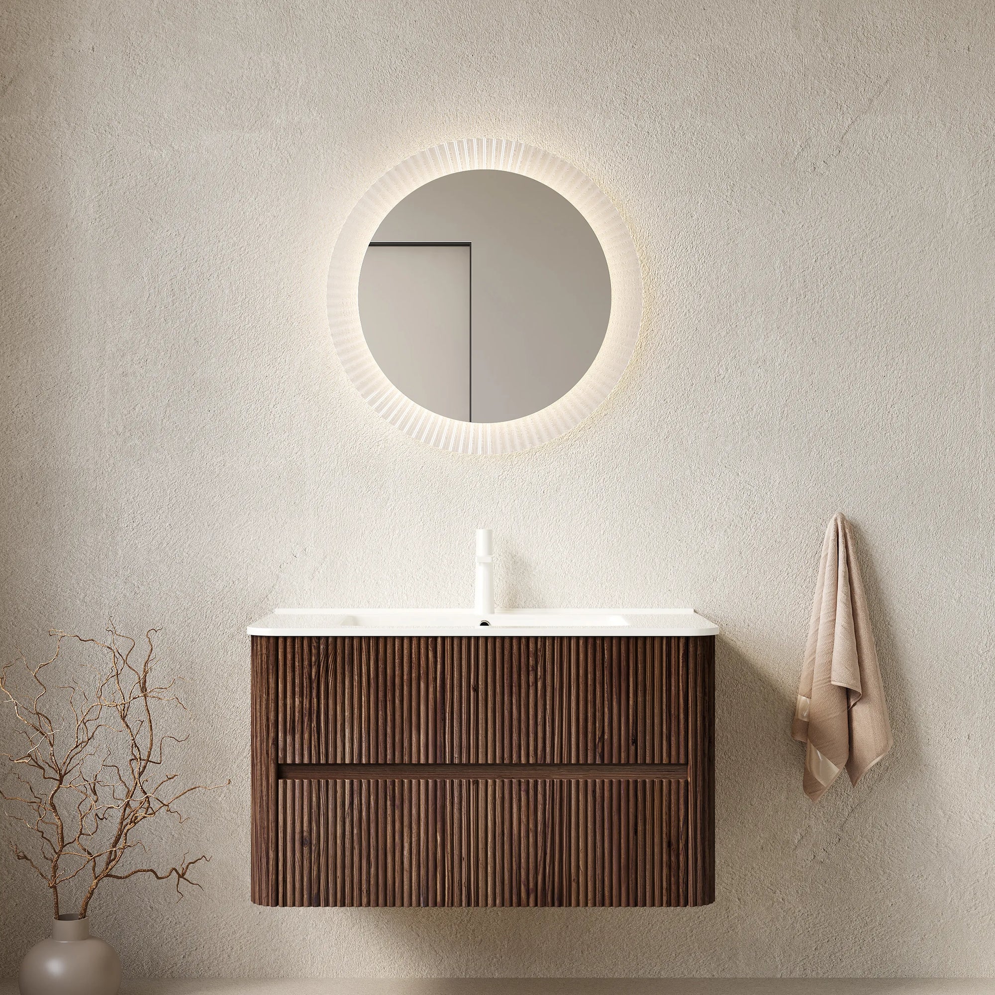 Ravello Series Wall-Mounted Vanity in modern bathroom setting with backlit round mirror.
