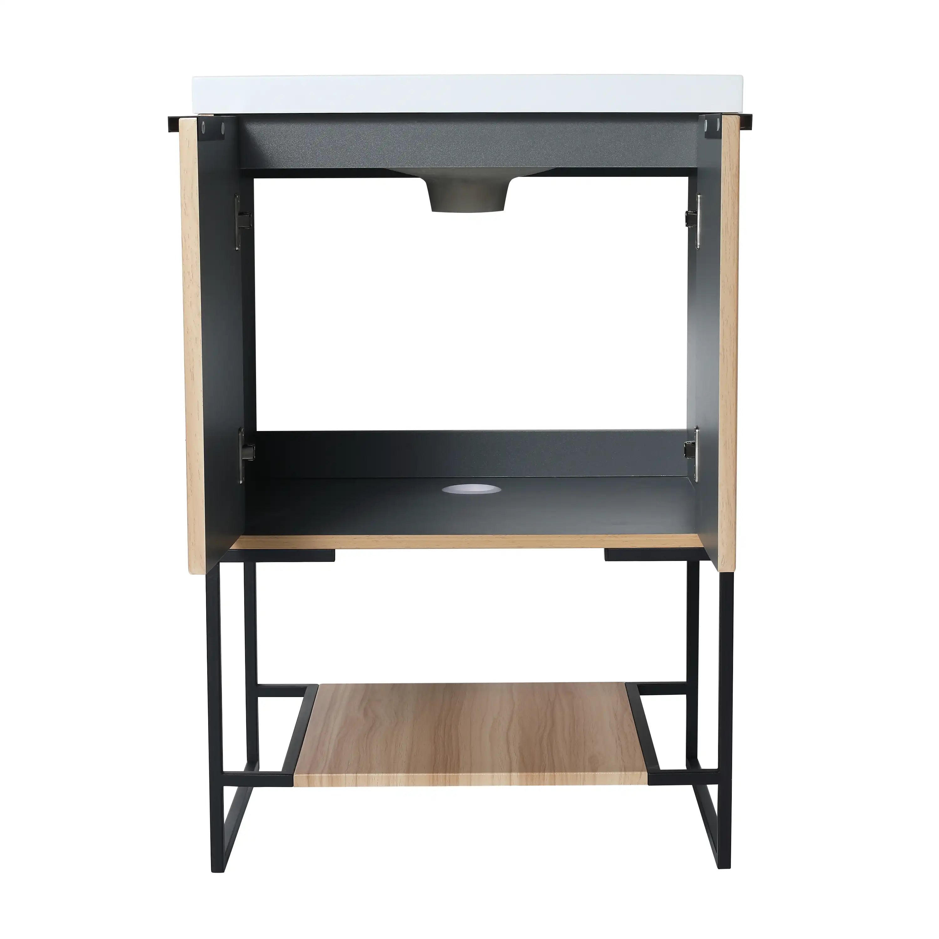 Freestanding 24-inch bathroom vanity showing interior storage and open shelf design.