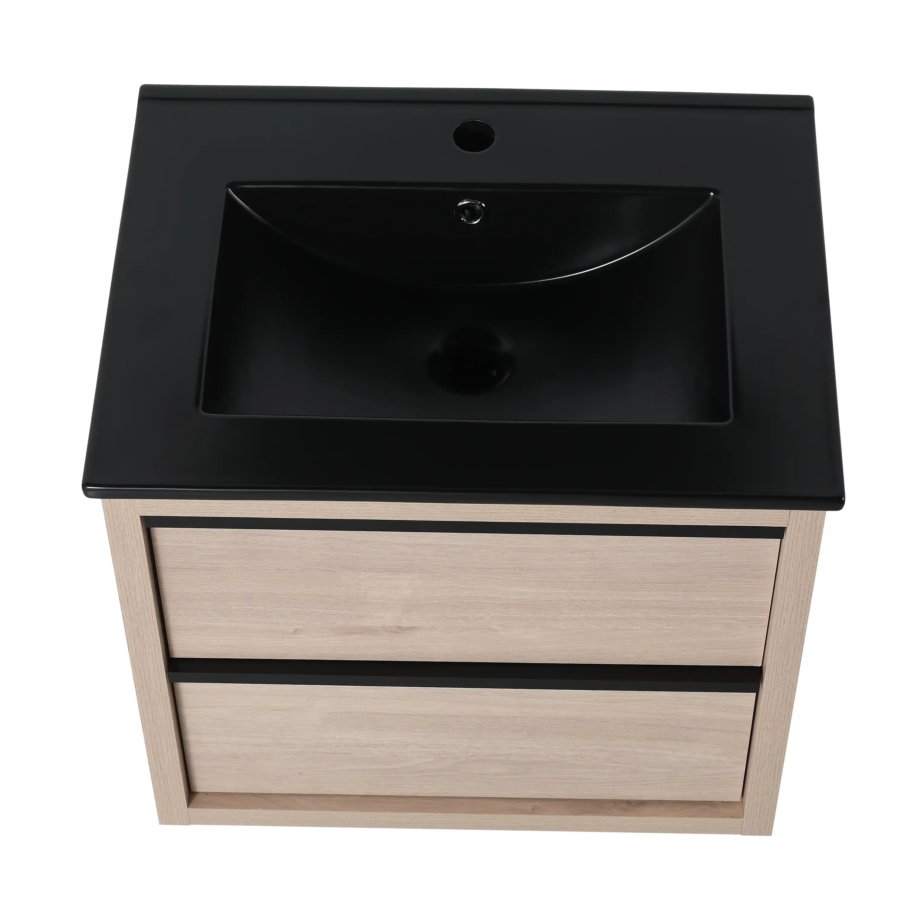 24" wall mounted bathroom vanity front view with integrated black sink top.
