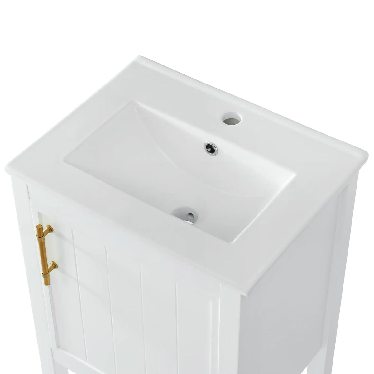 Mistford Series 20 inch white bathroom vanity ceramic sink close up view.