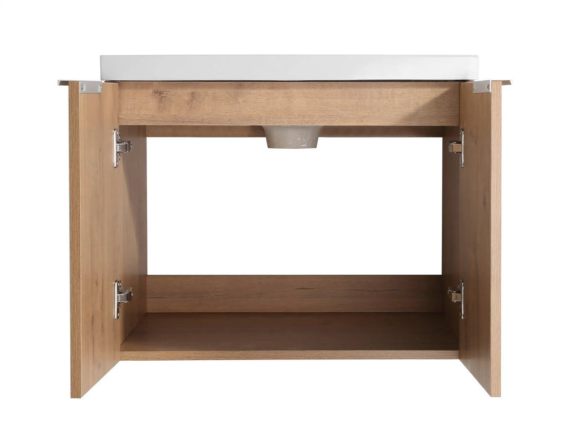 Monterey Series 24 inch bathroom vanity with cabinet doors opened showing ample storage space.