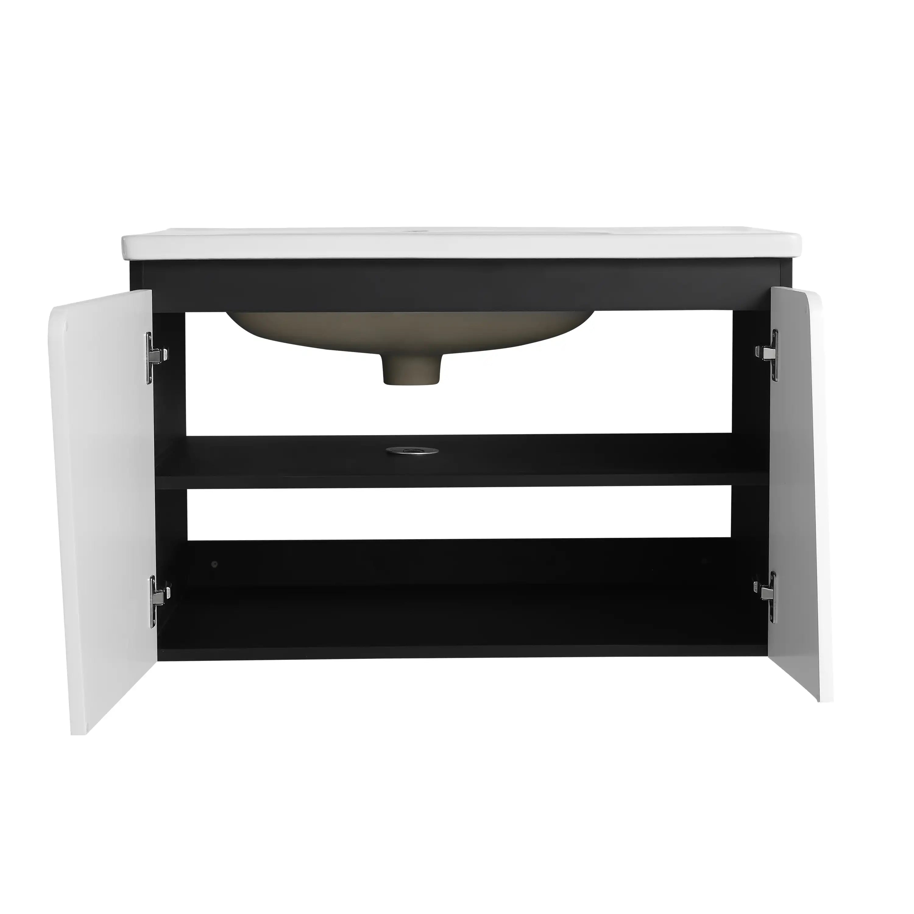 32-inch floating bathroom vanity with sink and open interior storage, front view.