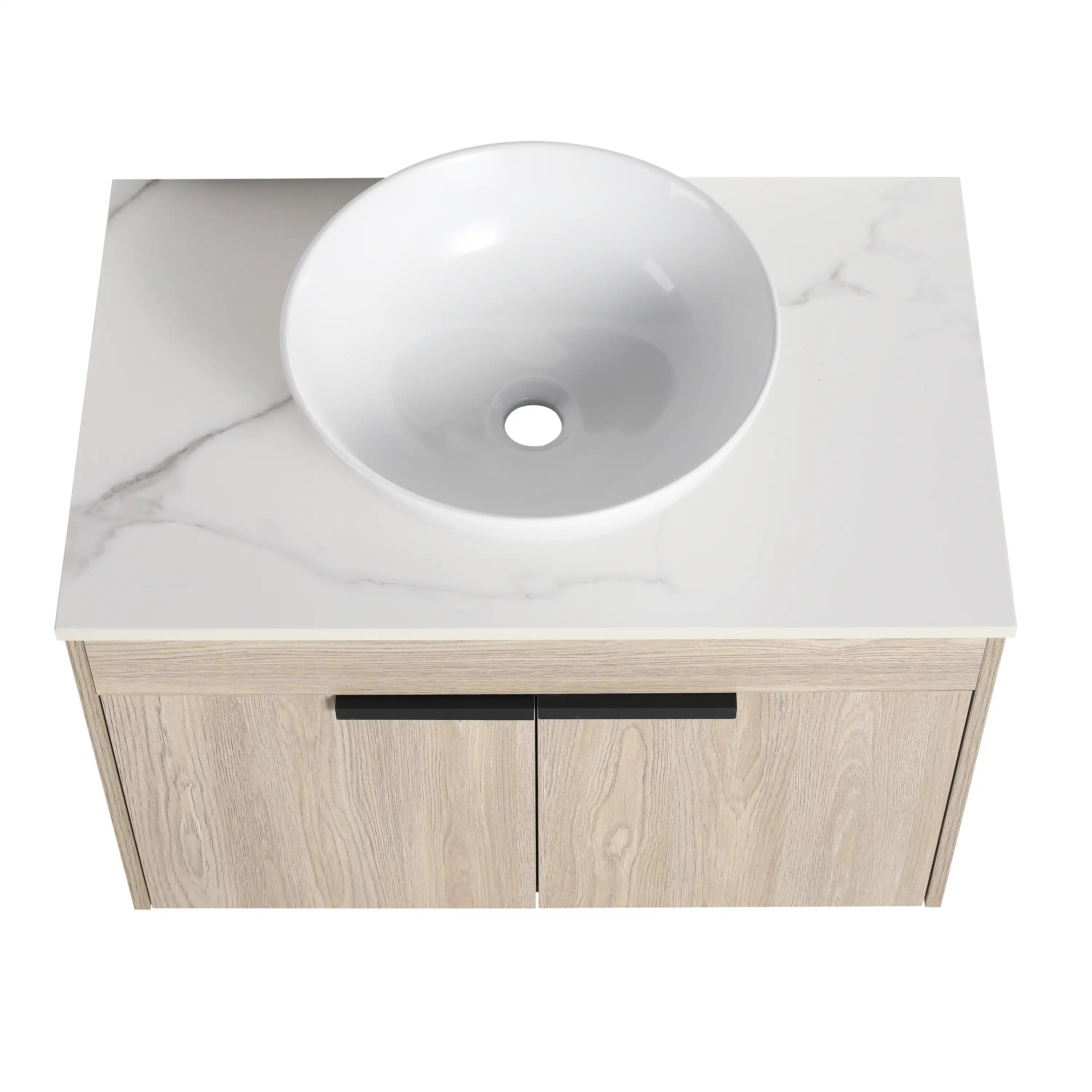 Oakline Vessel Series 30-inch wall-mounted bathroom vanity with round bowl vessel sink.