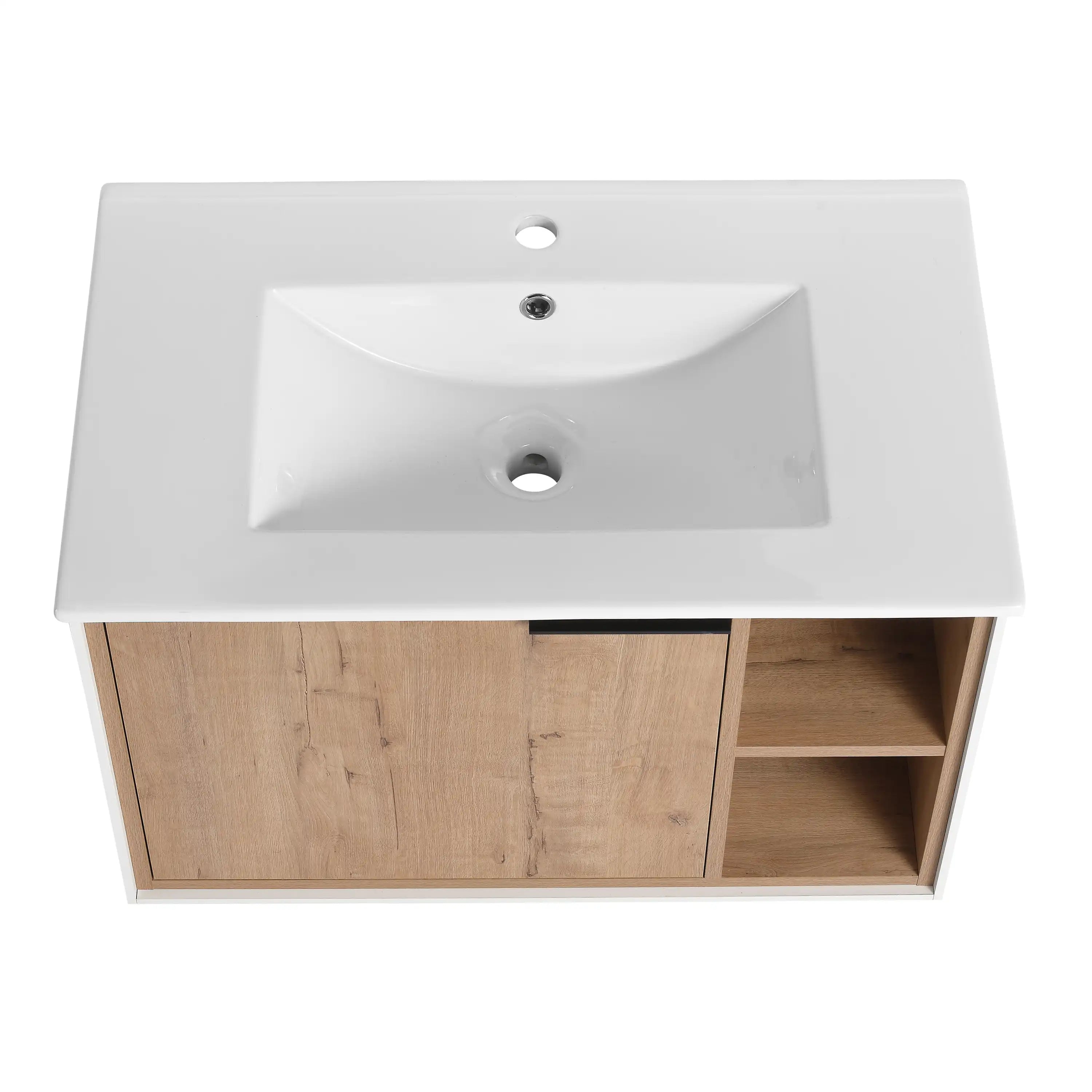 30 inch floating bathroom vanity with sink top view showing integrated ceramic basin.