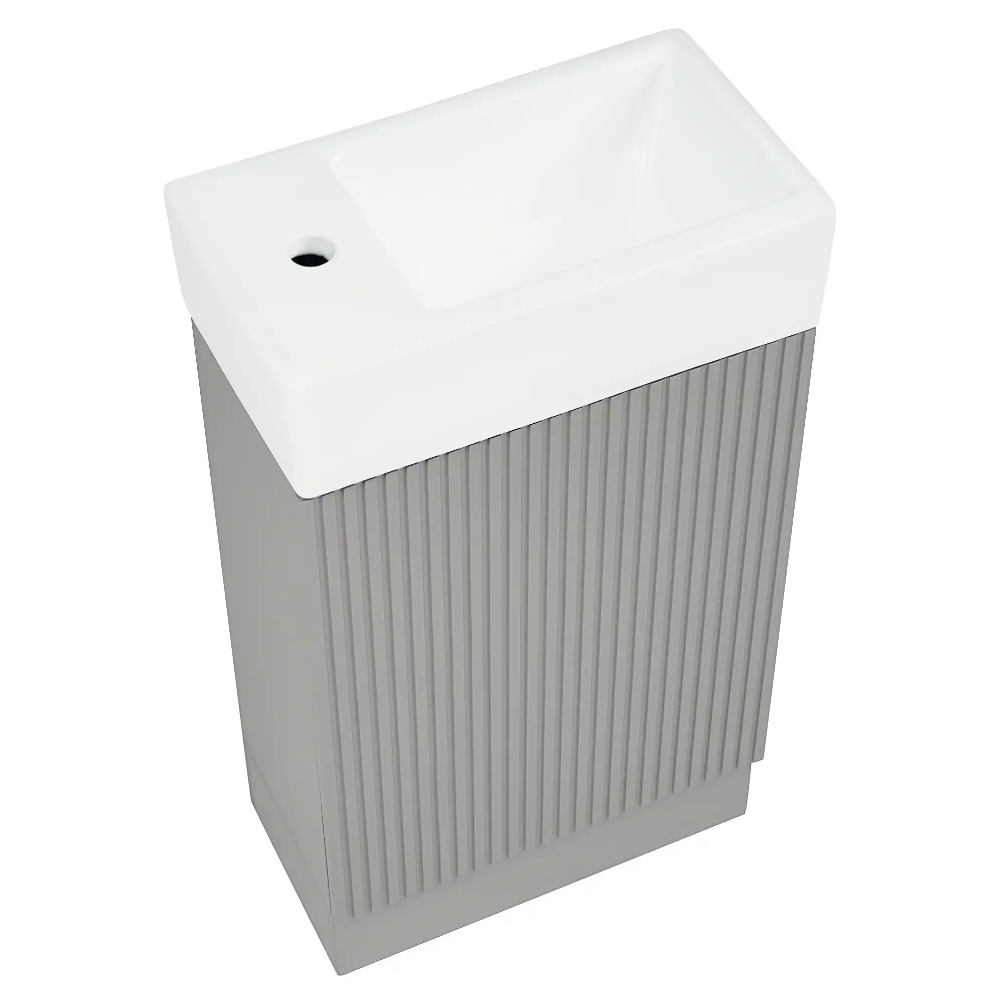 18 inch vanities for bathrooms with integrated sink, textured gray angled view.