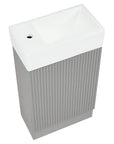 18 inch vanities for bathrooms with integrated sink, textured gray angled view.