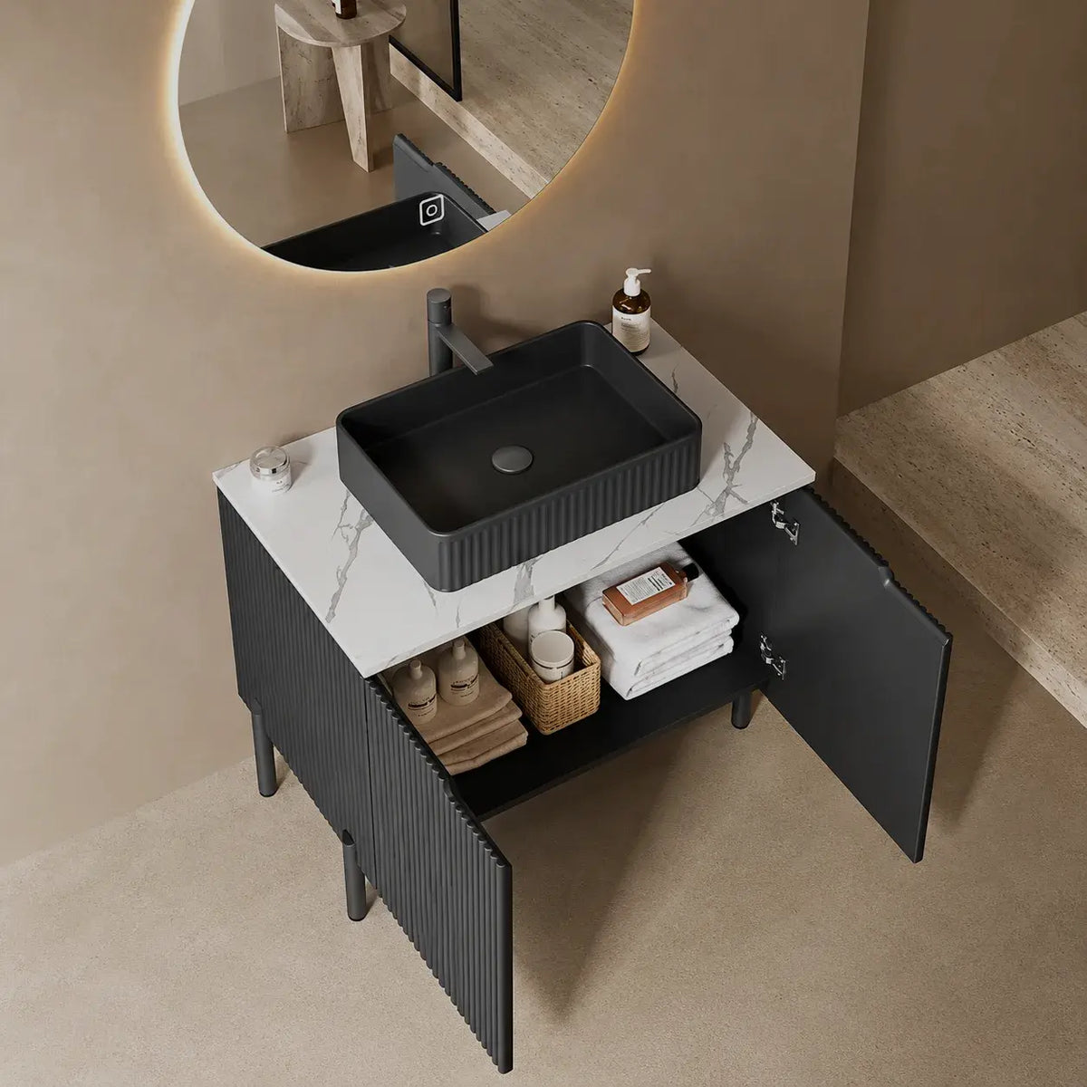 30 inch black bathroom vanity with spacious interior storage in modern bathroom.