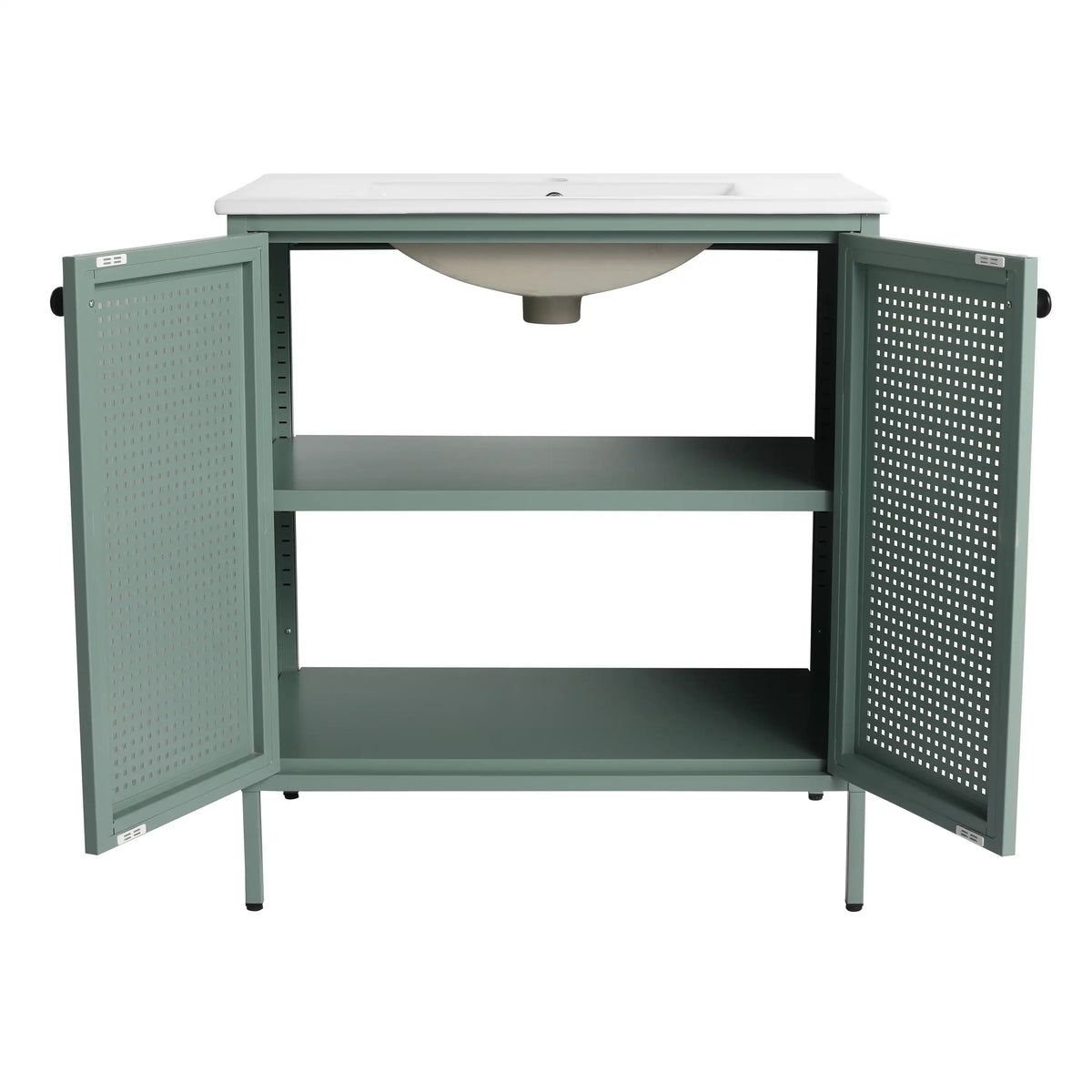 Open cabinet interior of mint green 30 inch bathroom vanity with adjustable shelf.