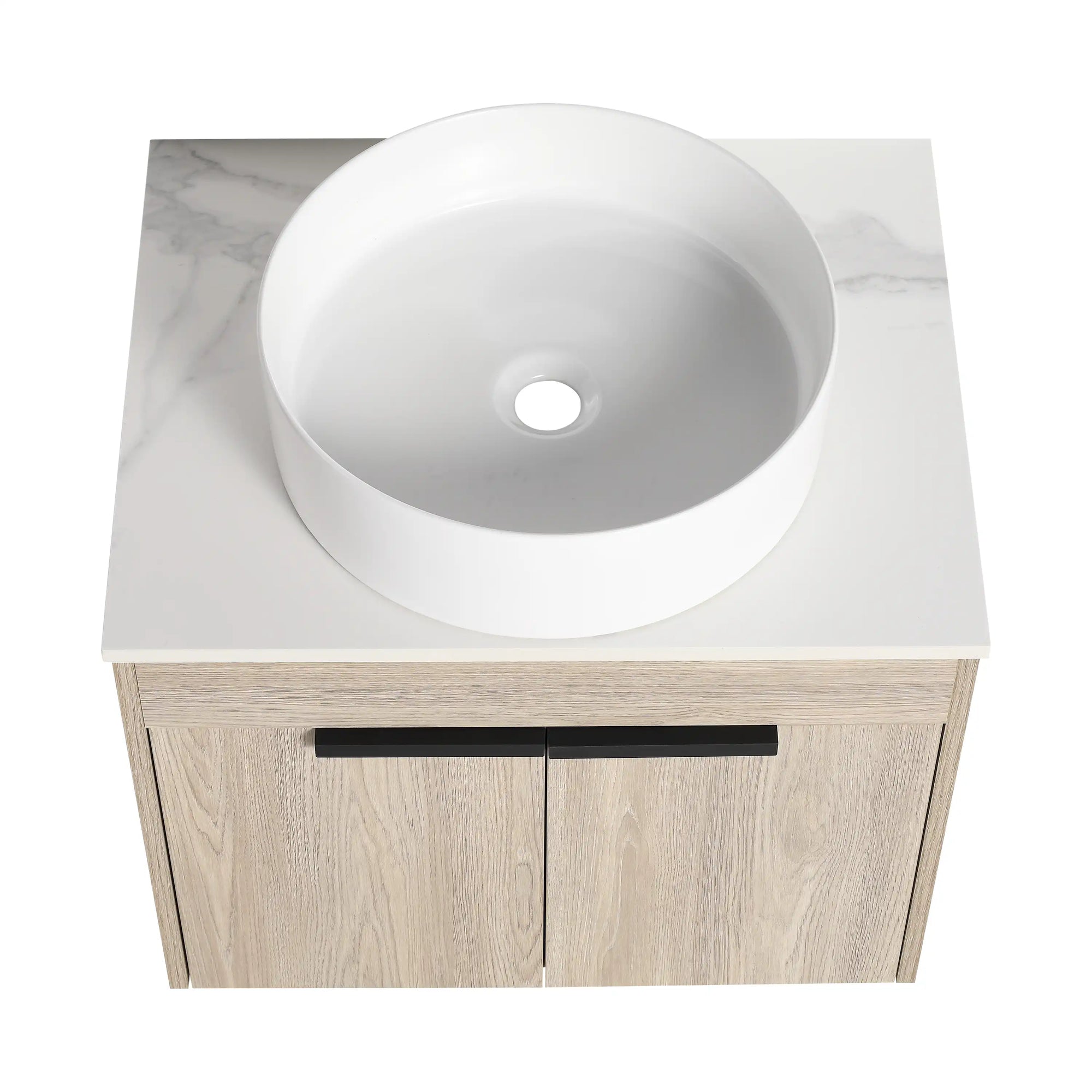 Overhead detail of round bowl on 24 inch bathroom vanity with vessel sink 24" marble-look countertop | Ace Decor