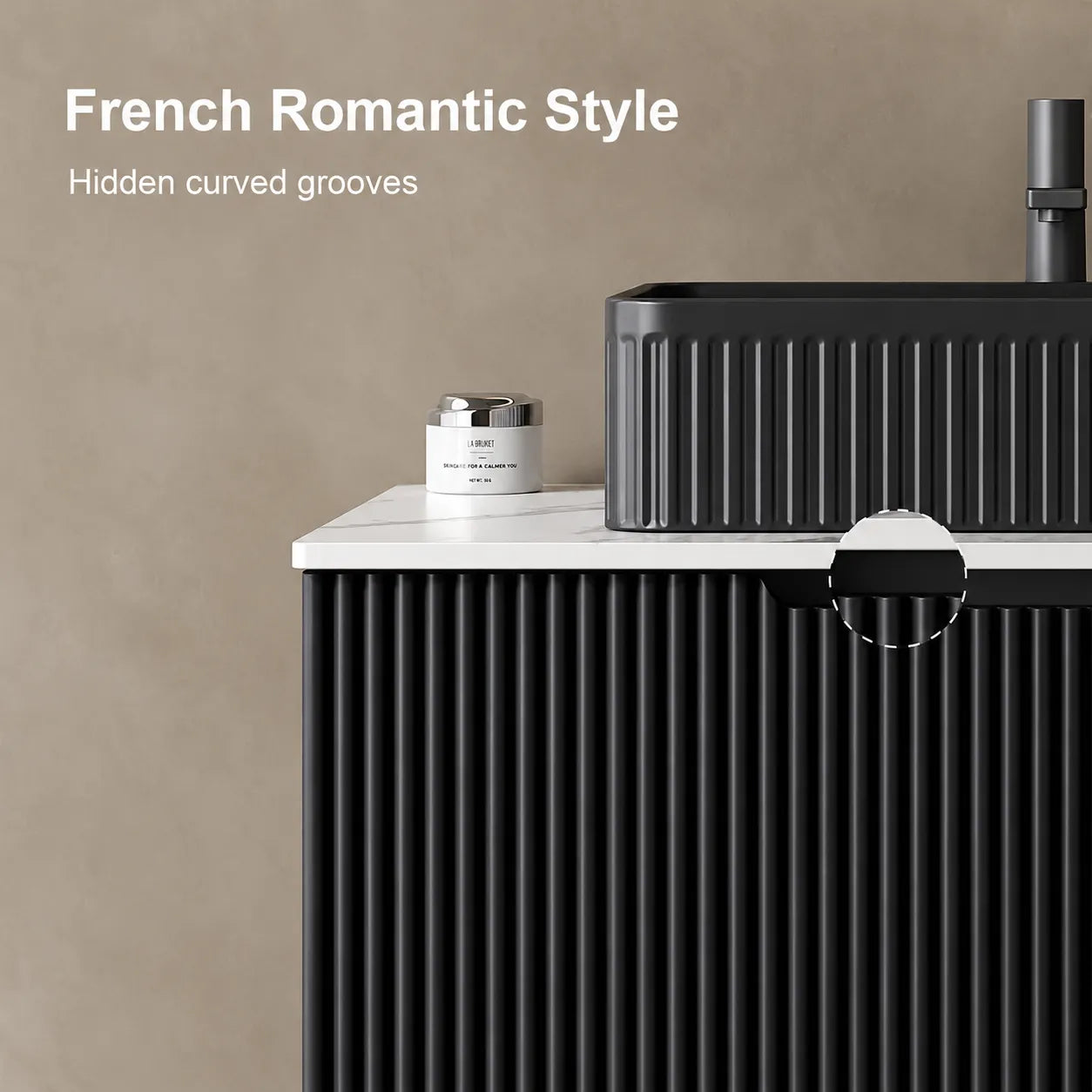 Flutia 30 inch black bathroom vanity with French style fluted cabinet door detail.