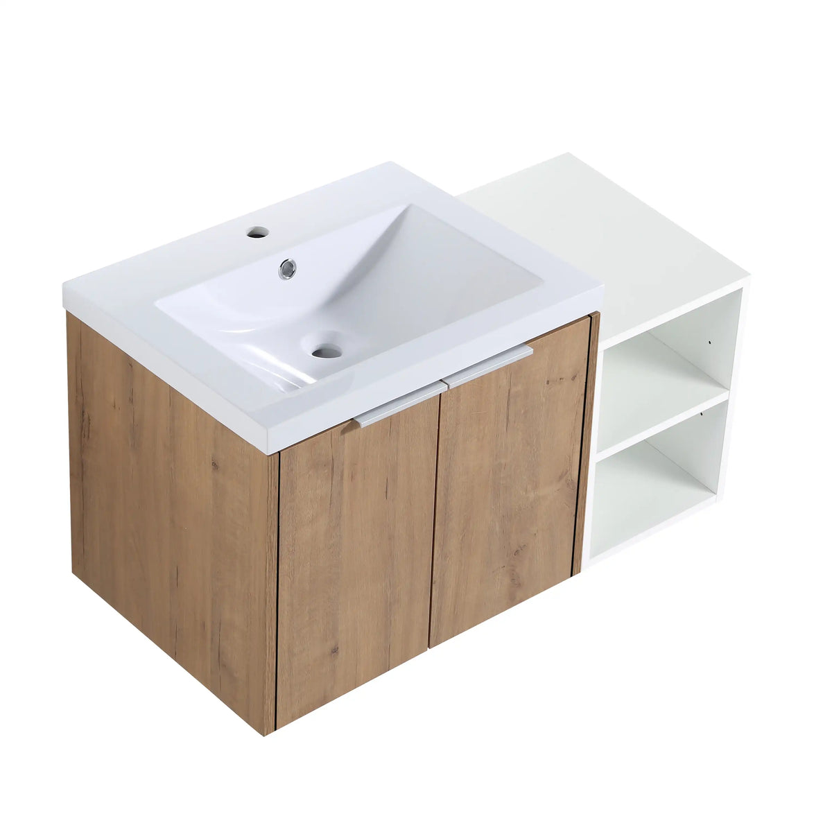 36 inch oak finish bathroom vanity with integrated resin sink and side open shelf, angled view.