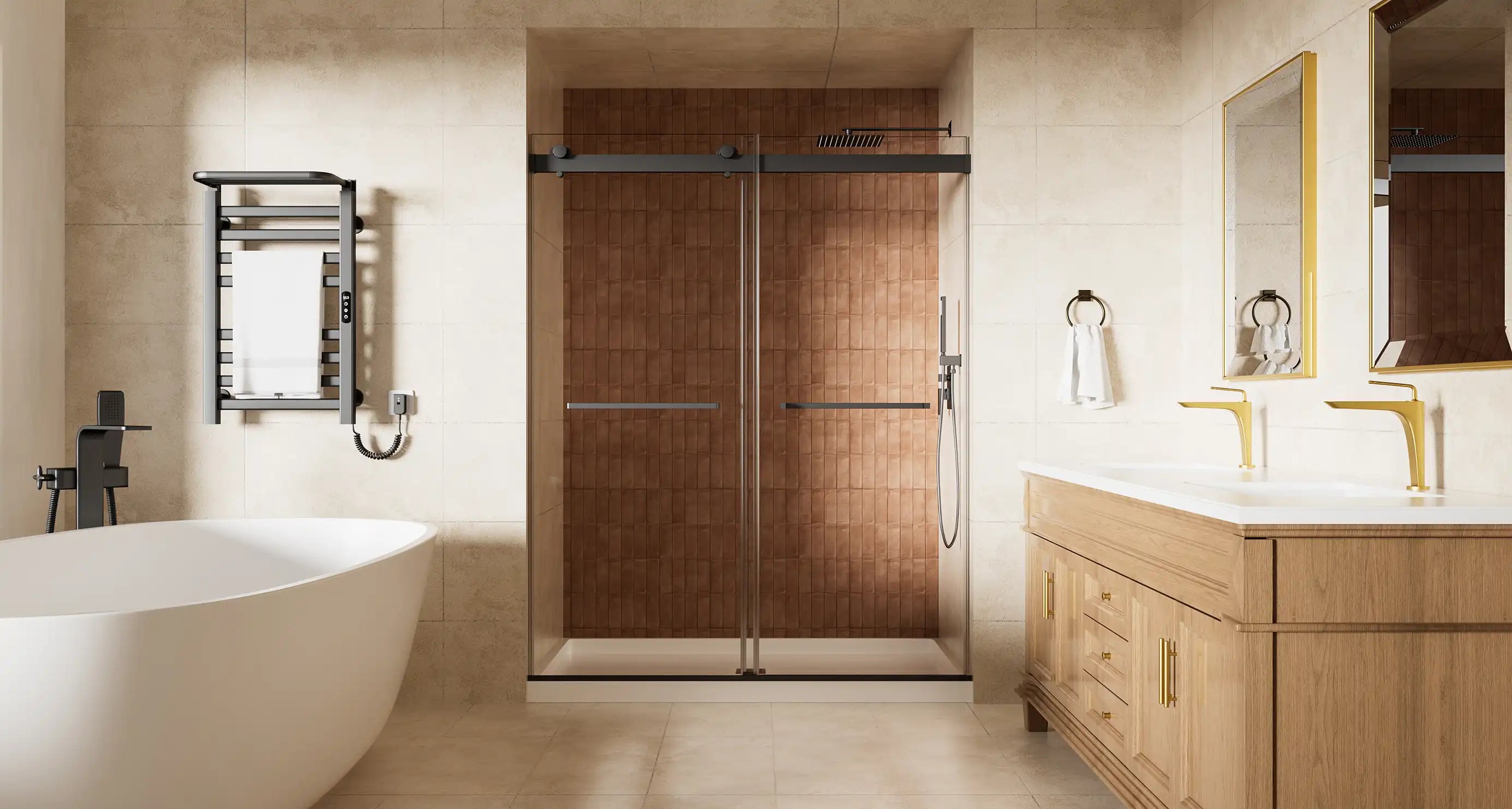 Modern luxury bathroom with glass-enclosed brown-tiled shower, freestanding white bathtub, and wooden vanity with gold fixtures.