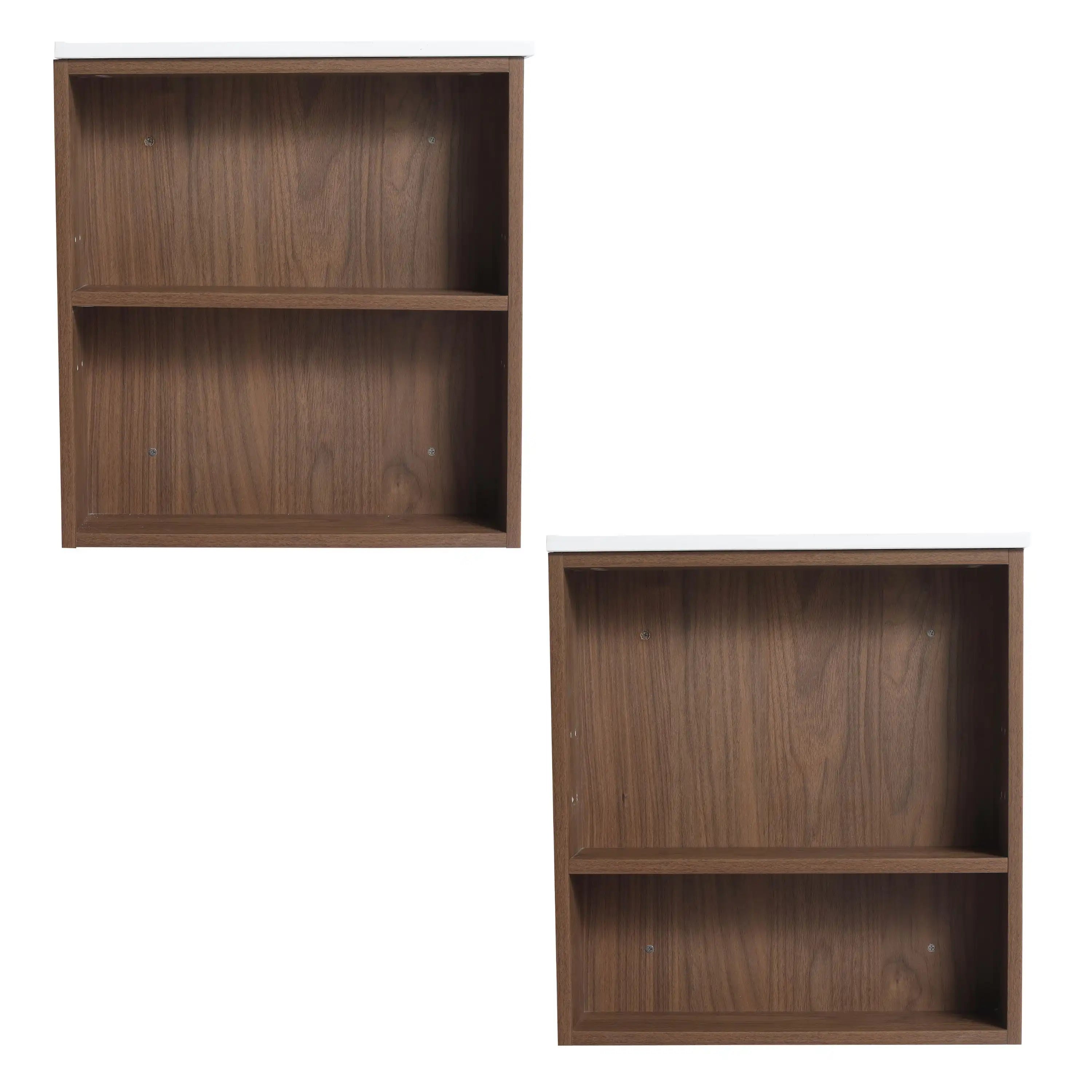 30 inch bathroom vanity in brown finish with open side storage showing adjustable shelf panel.