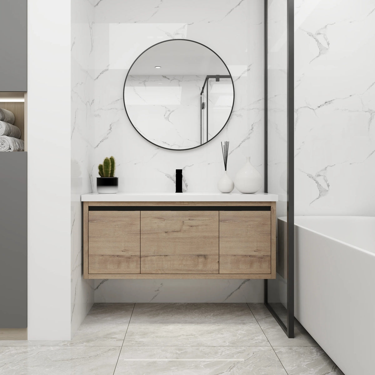 Walden Series 47" Modern Wall-Mounted Bathroom Vanity with Integrated Sink in Imitative Oak