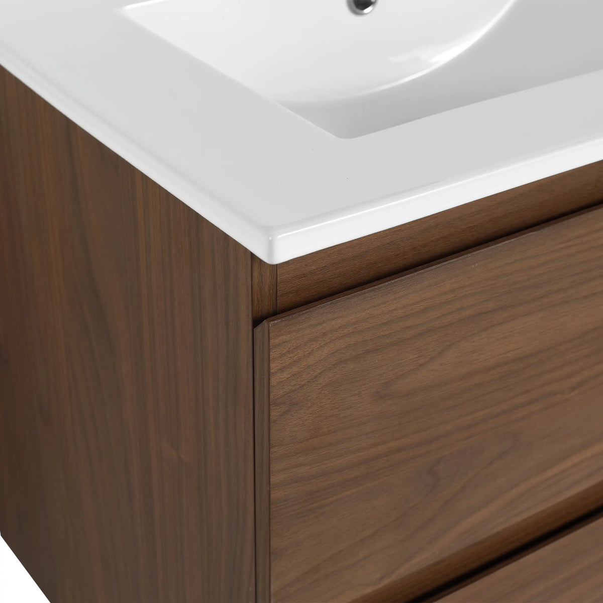 24 inch bathroom vanity brown oak corner detail with hidden handle design.