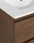 24 inch bathroom vanity brown oak corner detail with hidden handle design.
