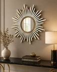 PrismAura Collection - 33" Sunburst Round Wall Mirror with PU & Beveled Glass Frame